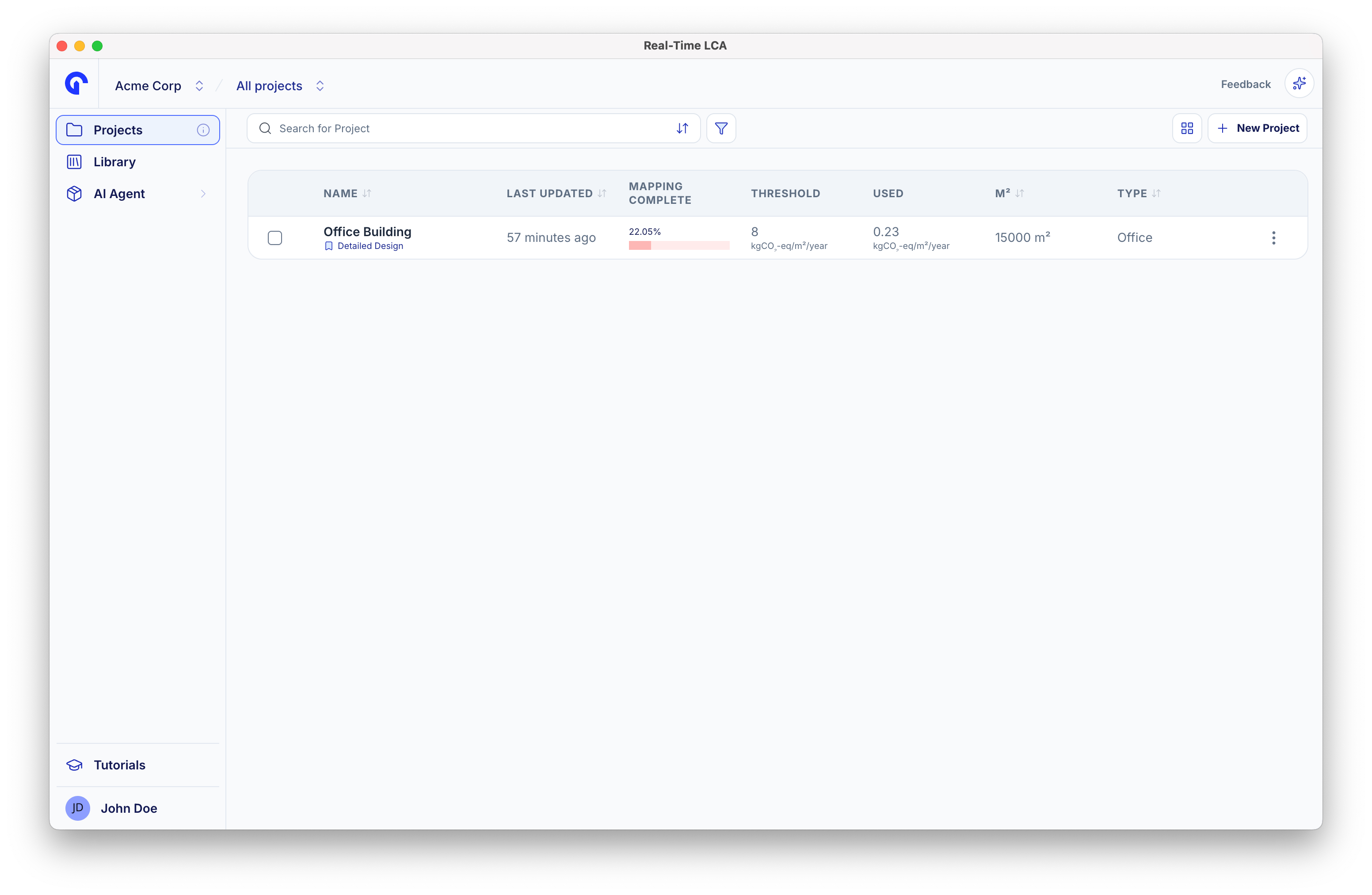 Projects list view with columns for name, last updated, mapping complete, threshold, used, area, and type.