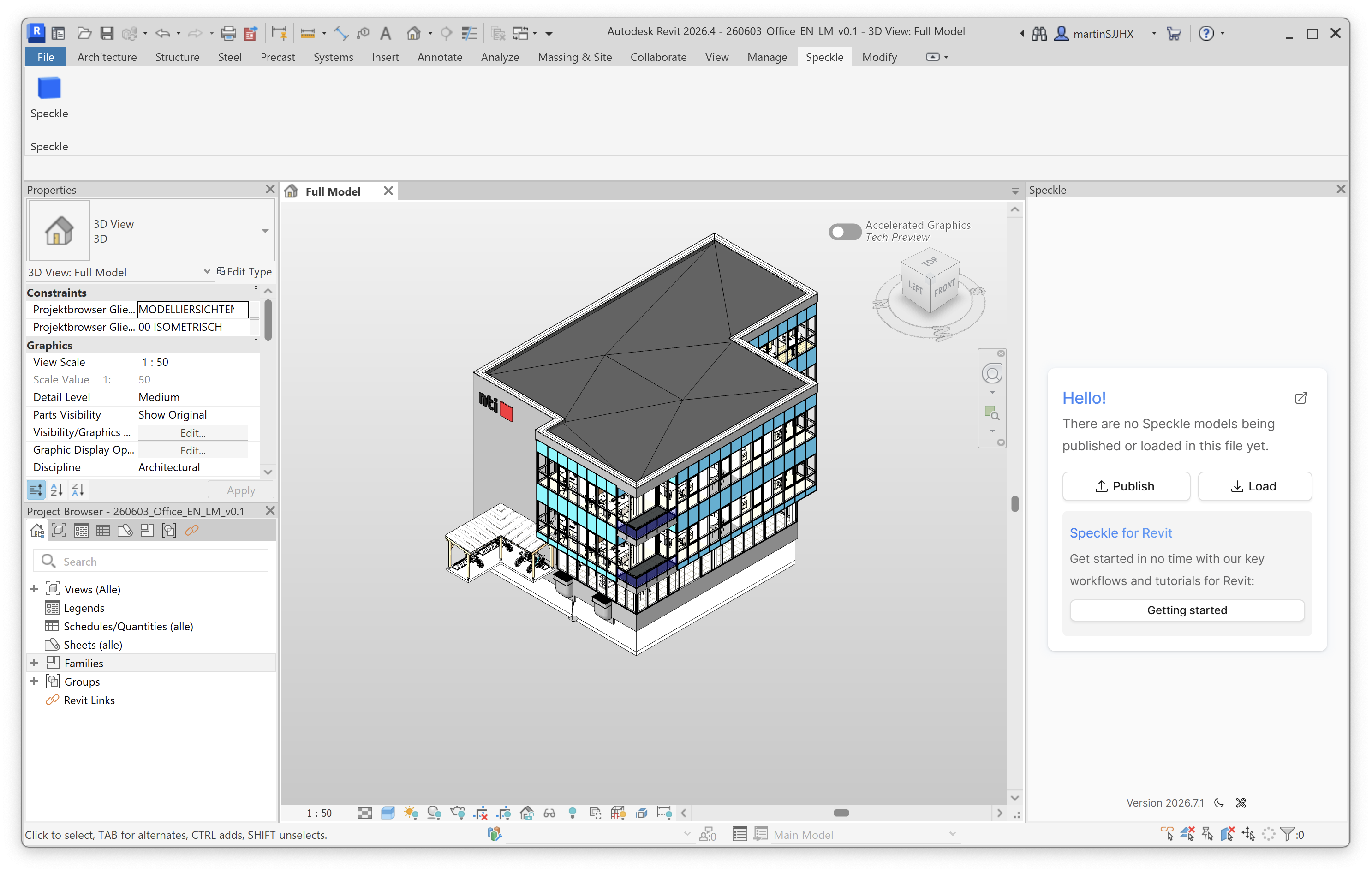 Speckle panel in Revit reading that no Speckle models are being published or loaded in this file yet, with Publish and Load buttons.