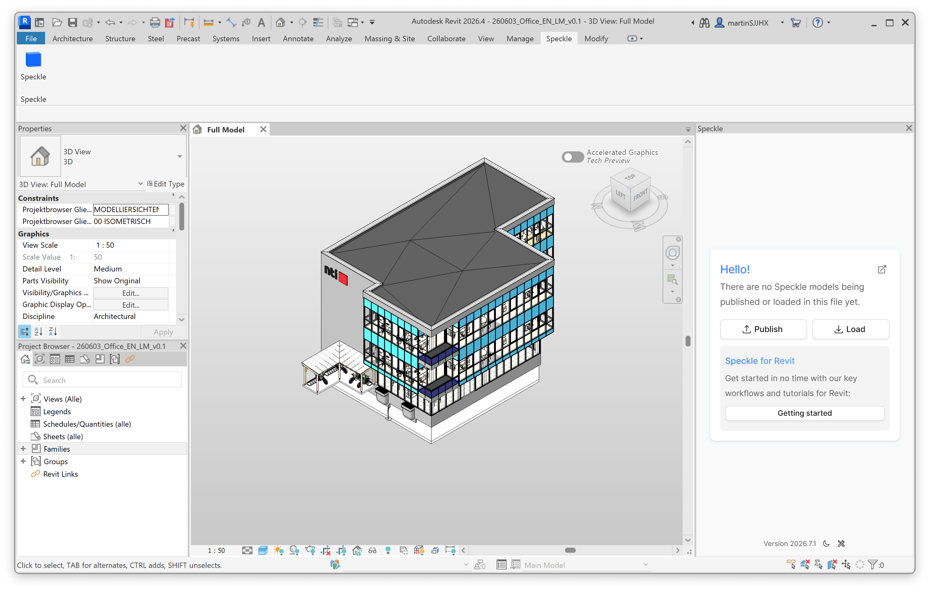 Speckle panel in Revit reading that no Speckle models are being published or loaded in this file yet, with Publish and Load buttons.