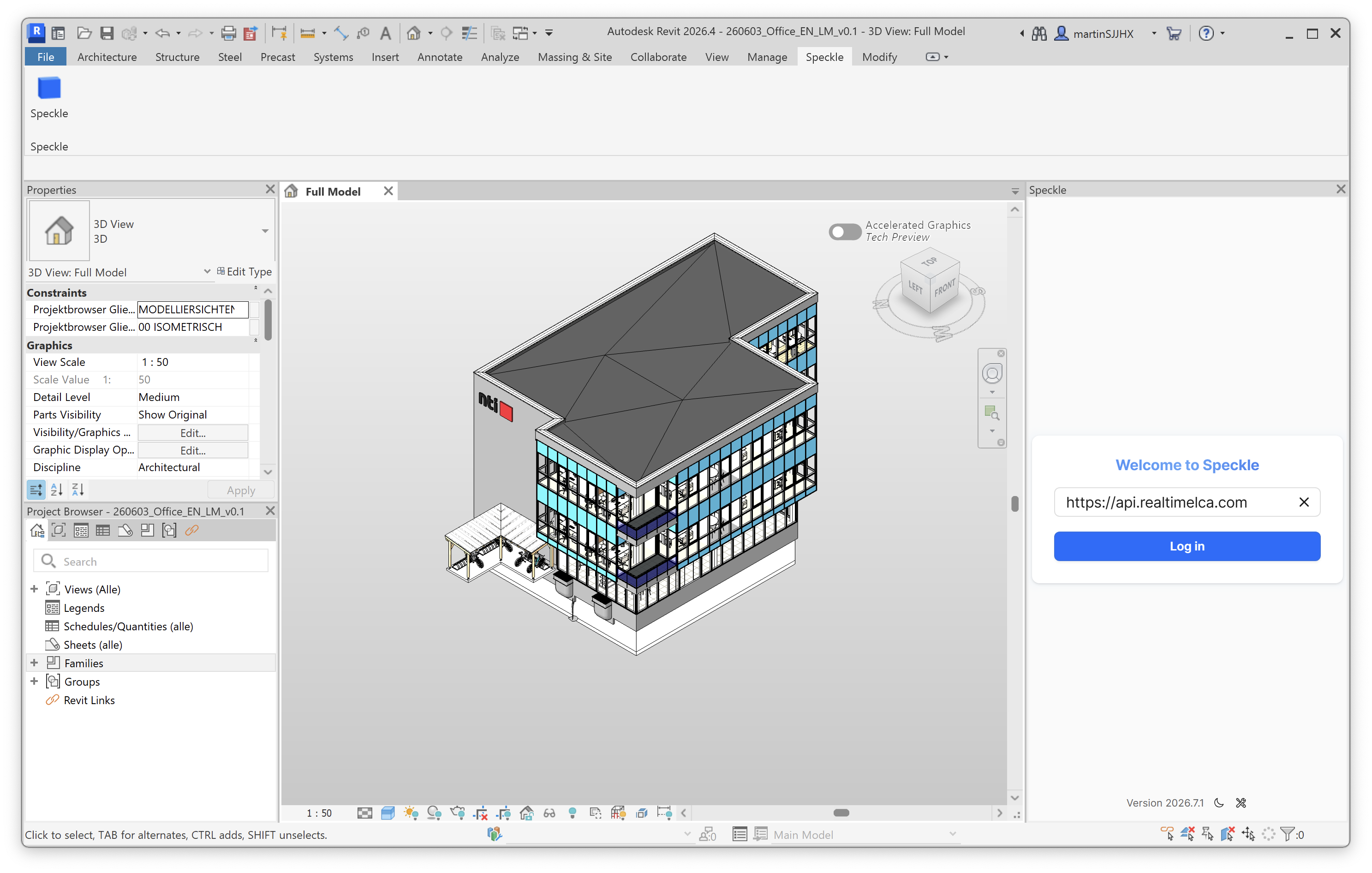 The Speckle panel in Revit with the Real-Time LCA server address entered.