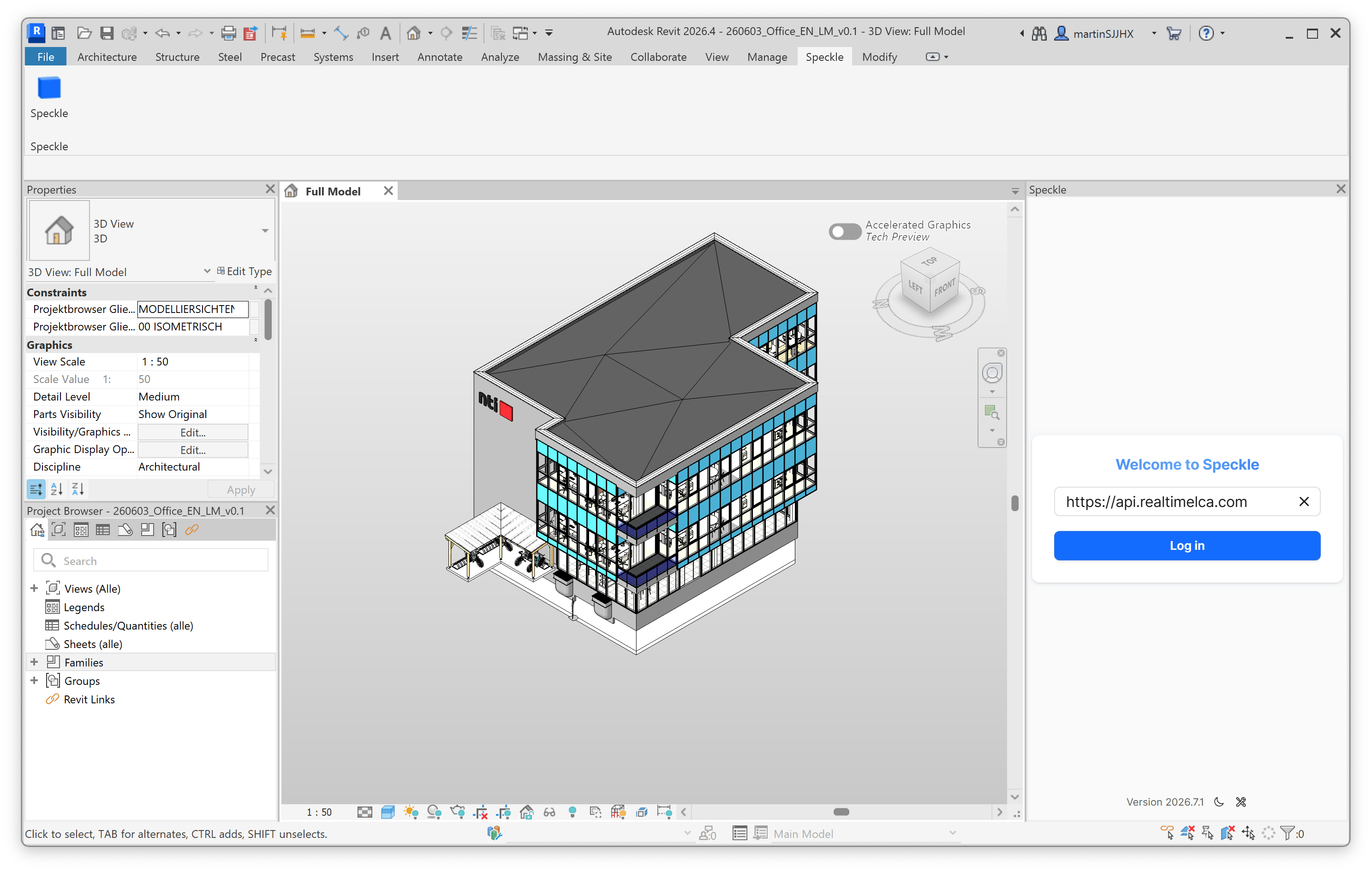 The Speckle panel in Revit with the Real-Time LCA server address entered.