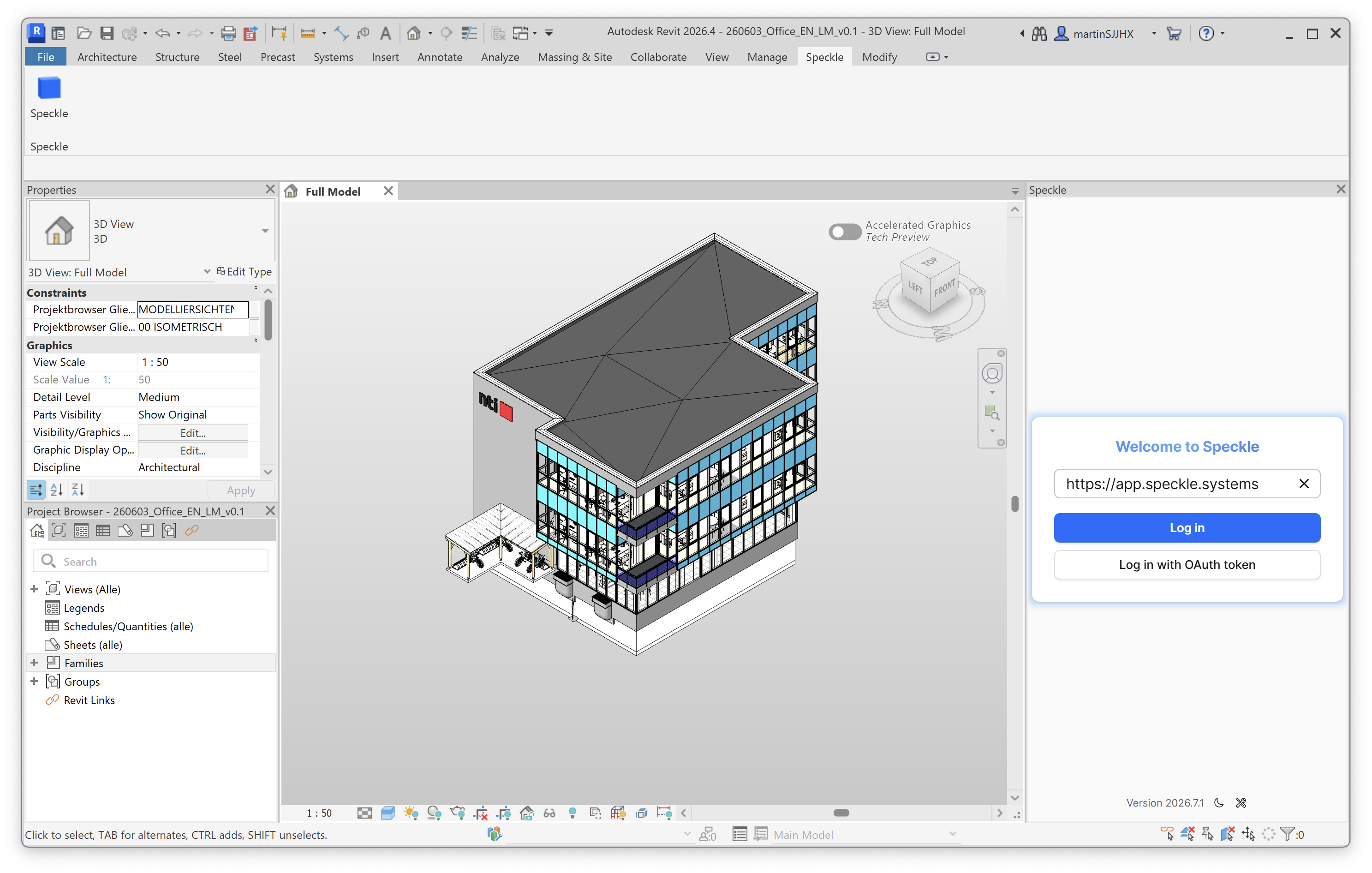 Revit with the Speckle panel open, showing the default app.speckle.systems server address and a log in button.
