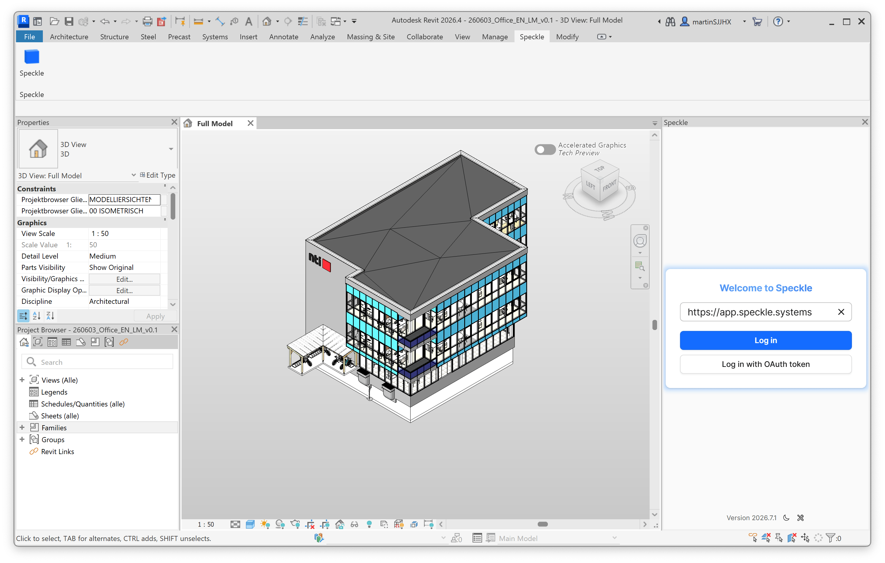 Revit with the Speckle panel open, showing the default app.speckle.systems server address and a log in button.