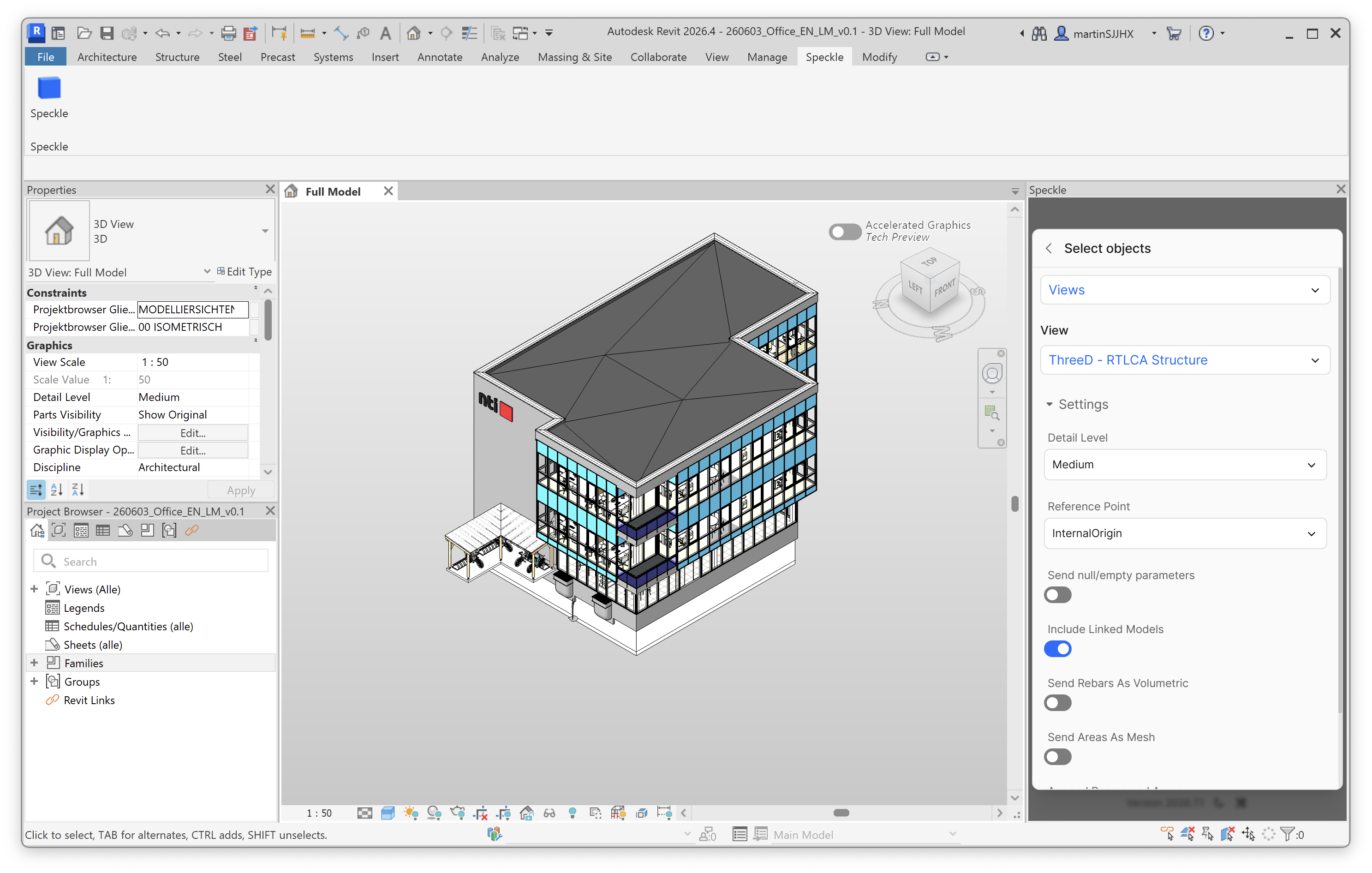 Publish settings with detail level, reference point, and toggles for null parameters, linked models, rebars as volumetric, and areas as mesh.