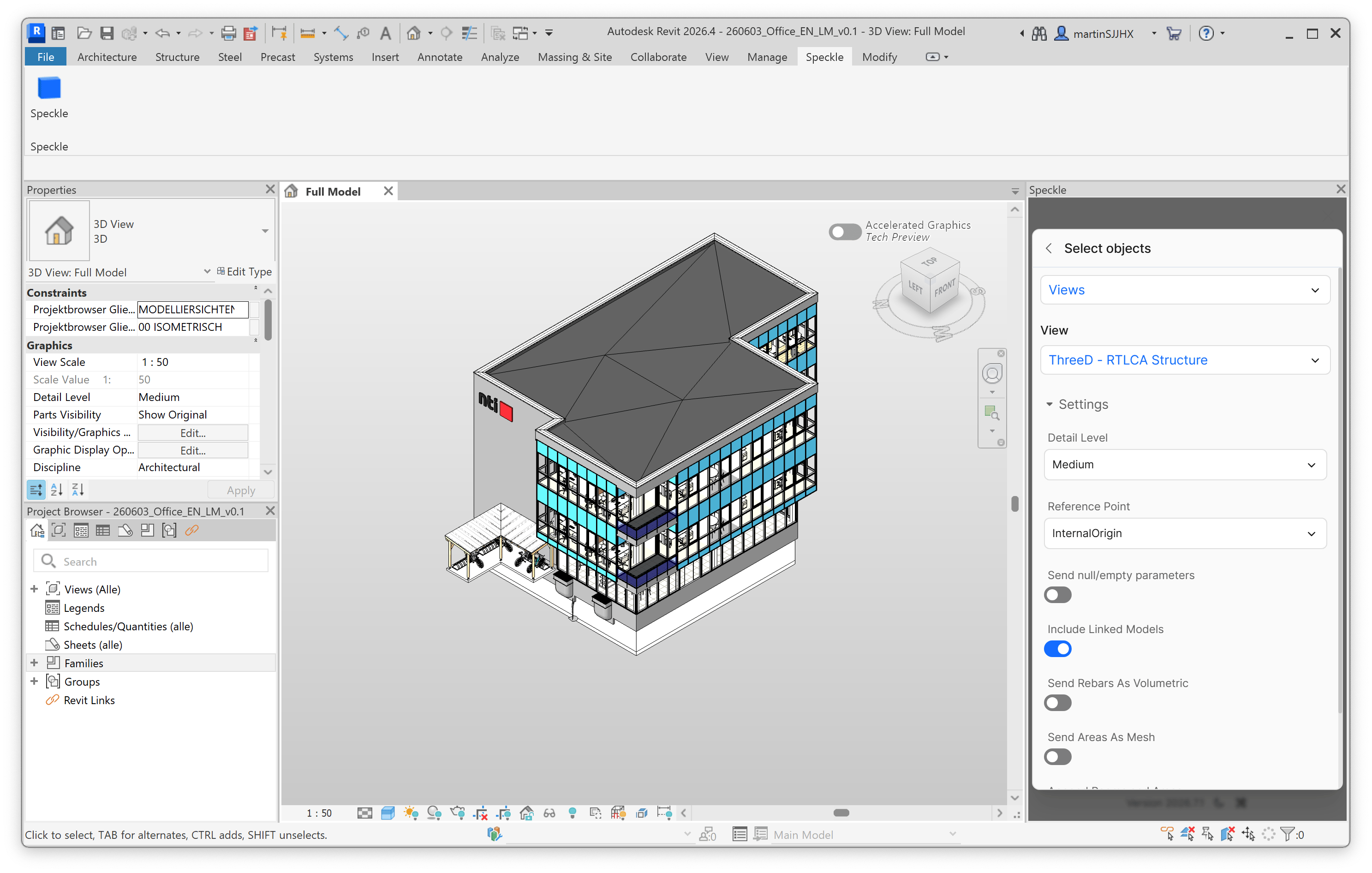Publish settings with detail level, reference point, and toggles for null parameters, linked models, rebars as volumetric, and areas as mesh.