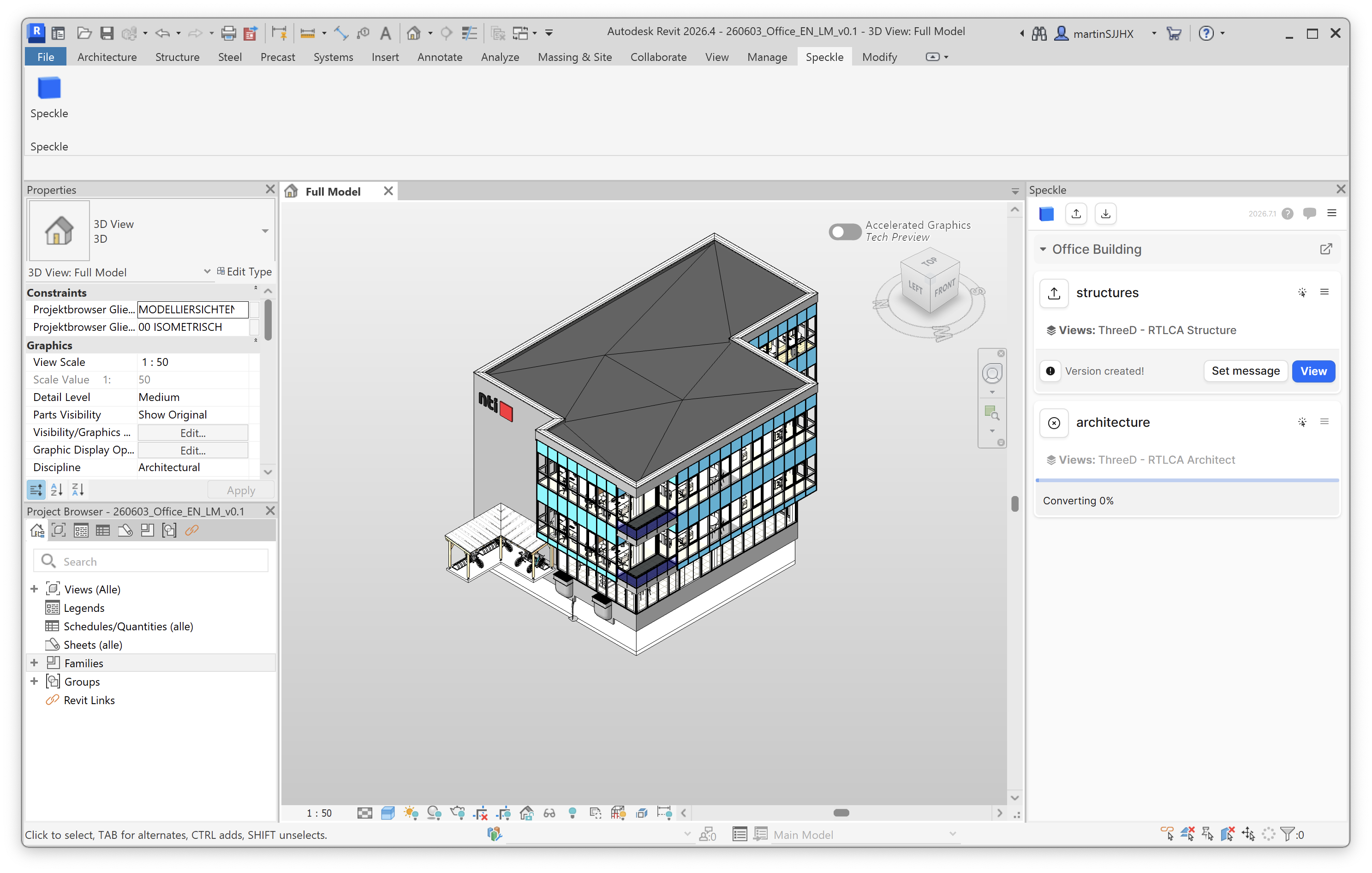 Speckle panel confirming a version was created for the structures model while the architecture model is still converting.