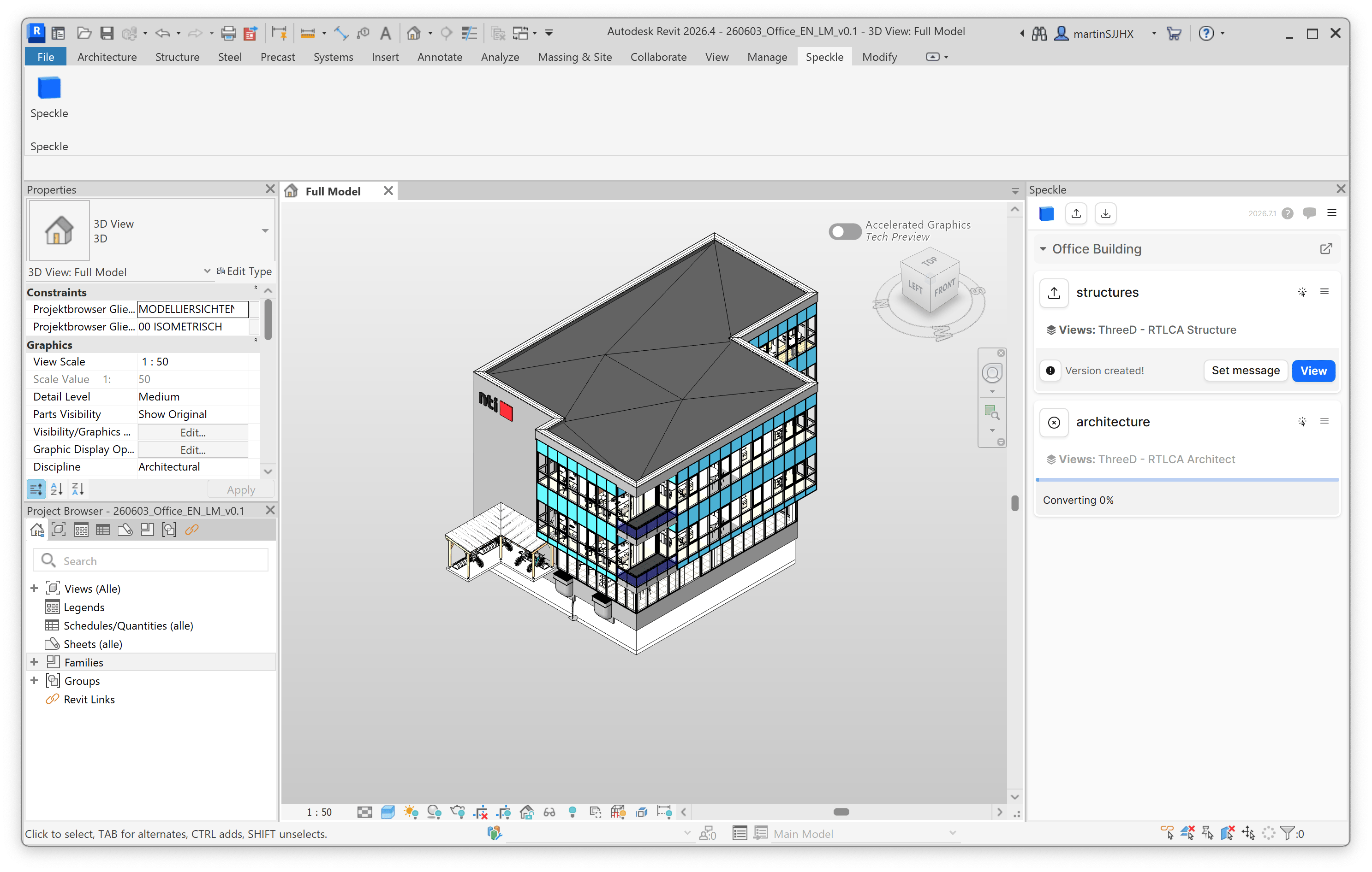 Speckle panel confirming a version was created for the structures model while the architecture model is still converting.