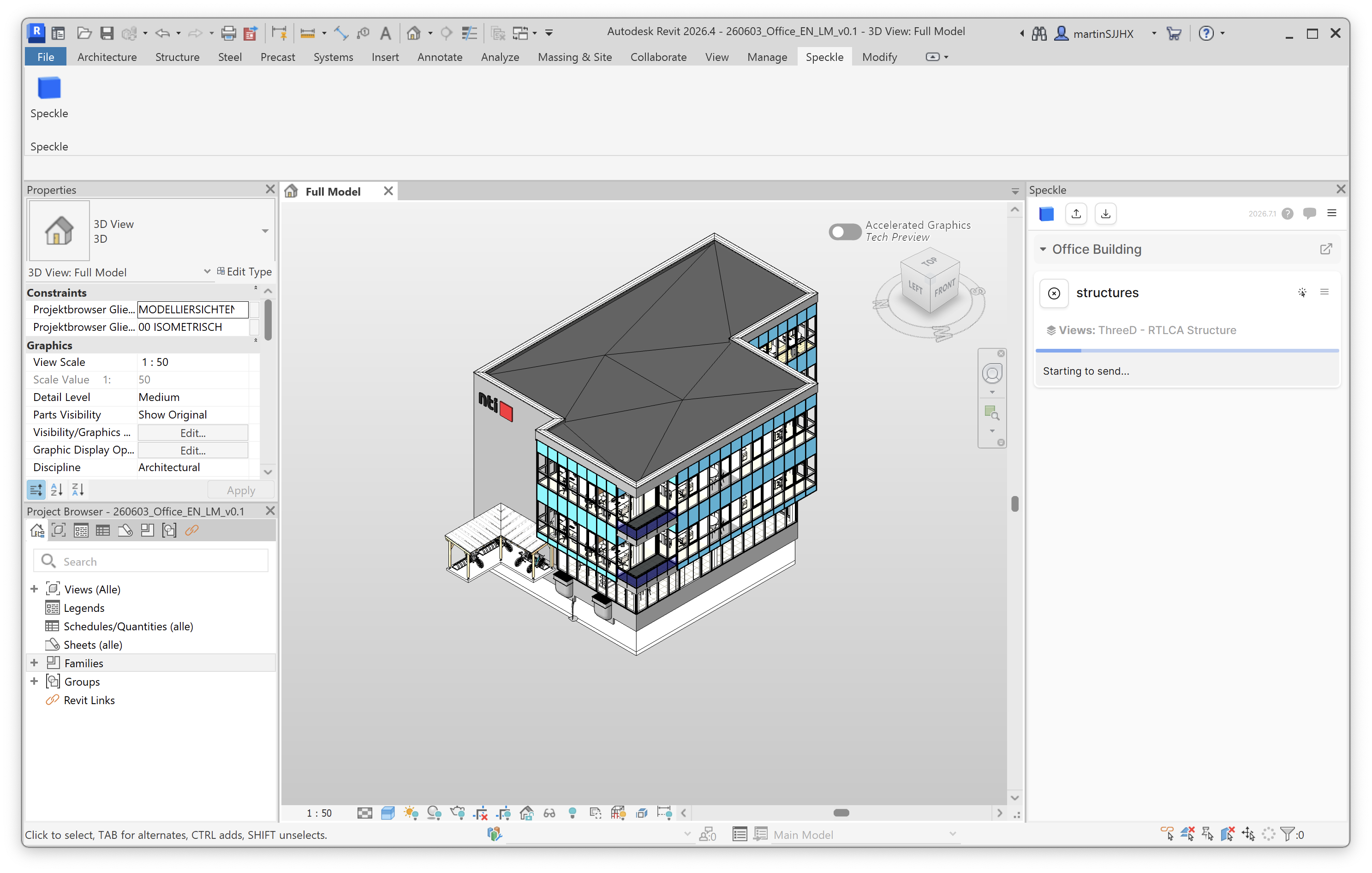 Speckle panel showing a publish in progress to the structures model.