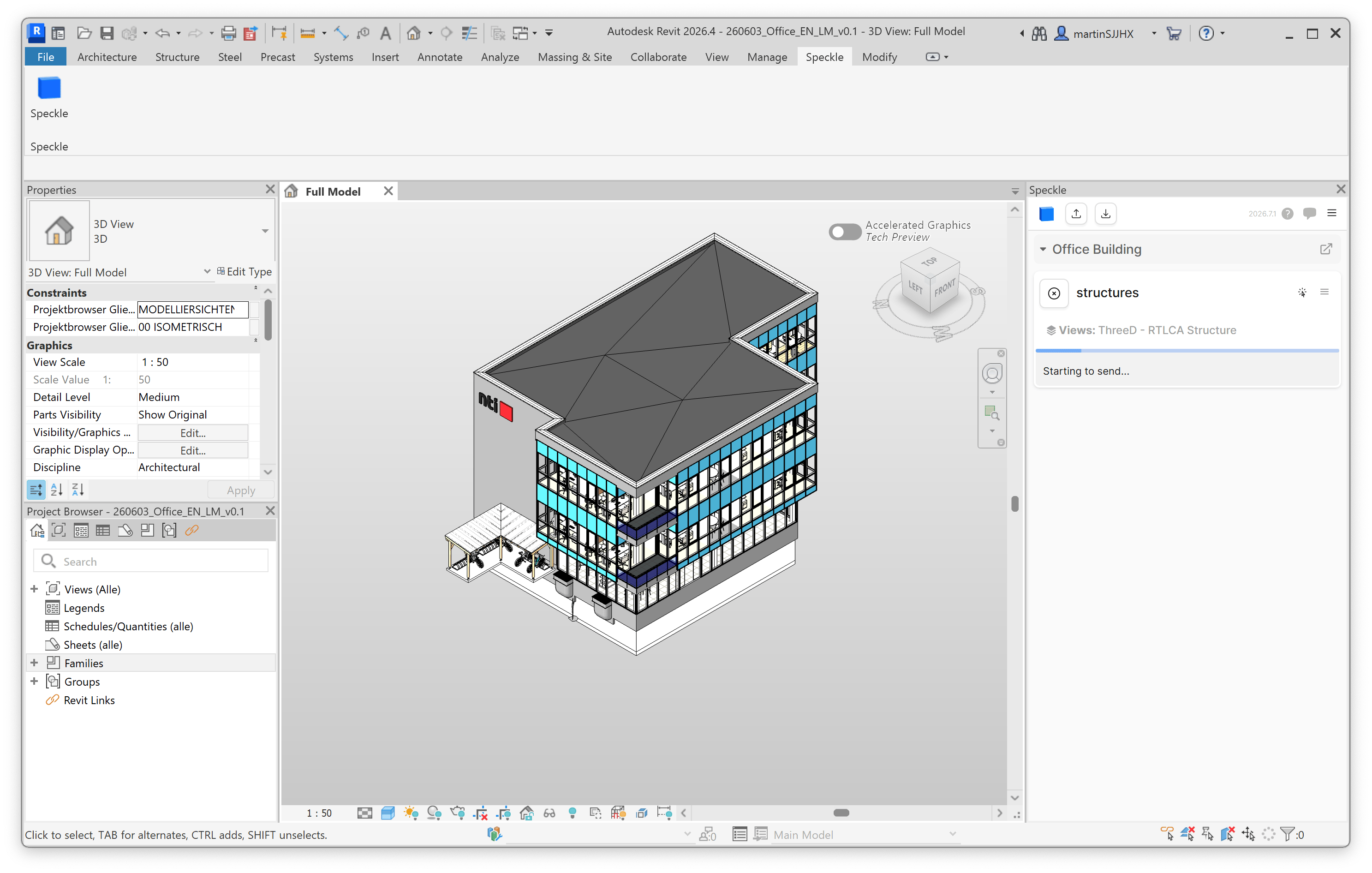 Speckle panel showing a publish in progress to the structures model.