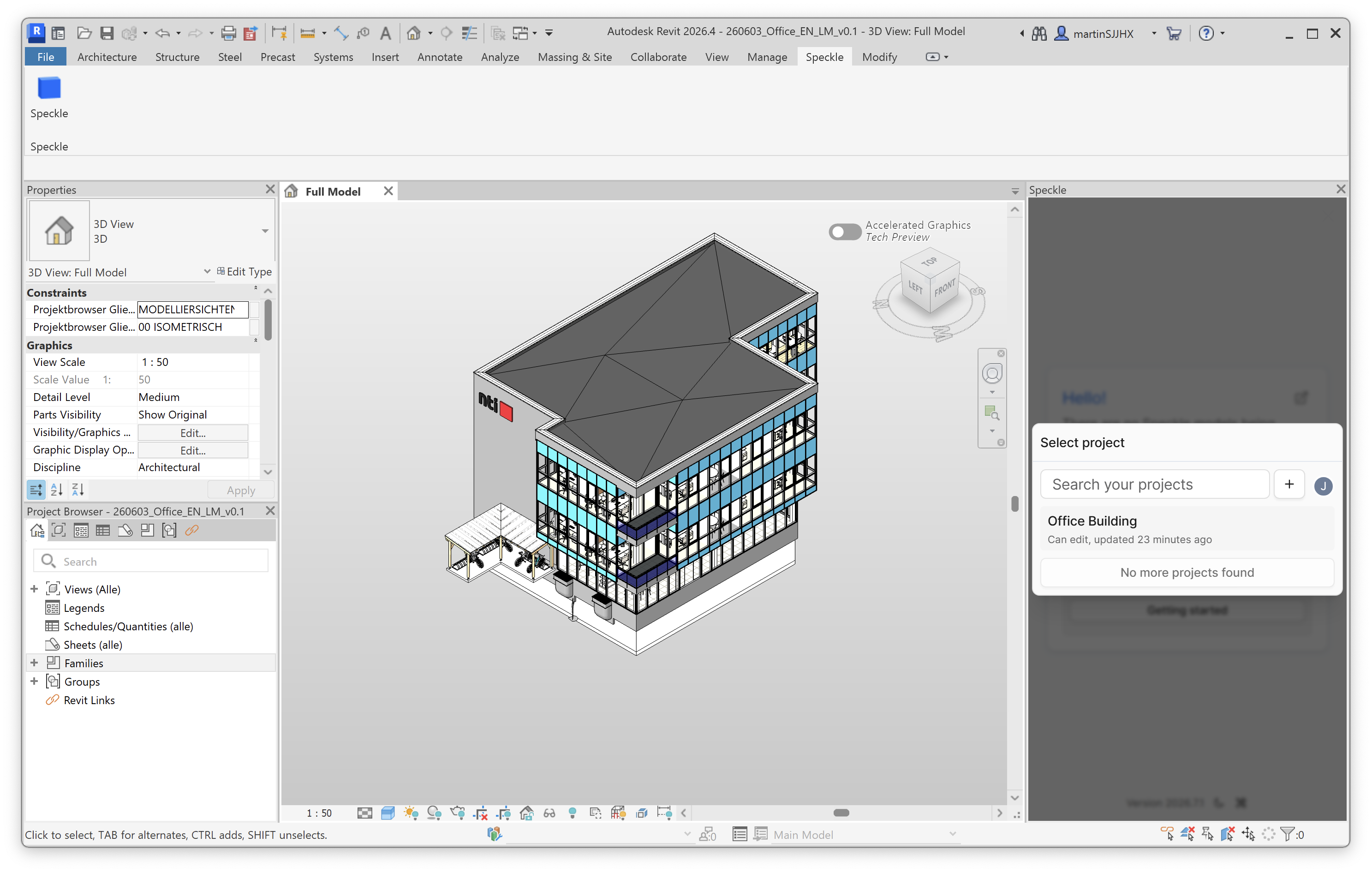 Select project panel searching your Speckle projects, with the Office Building project listed.