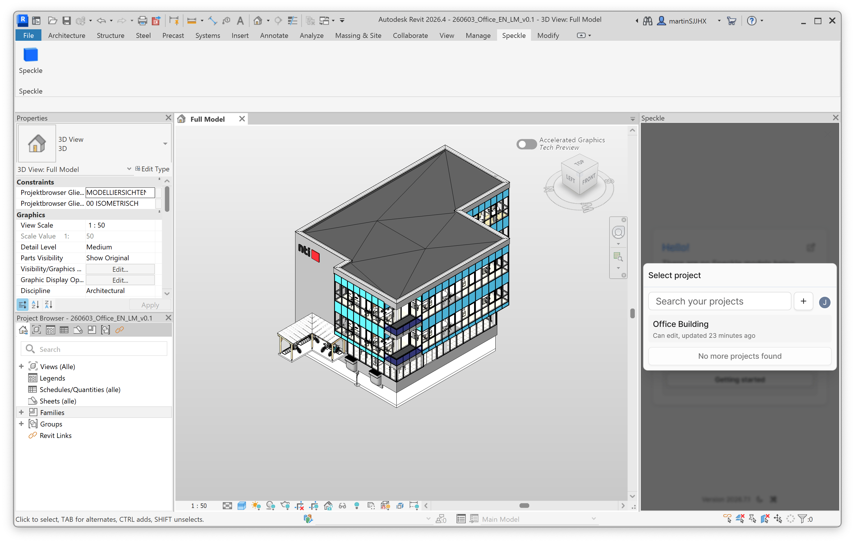 Select project panel searching your Speckle projects, with the Office Building project listed.