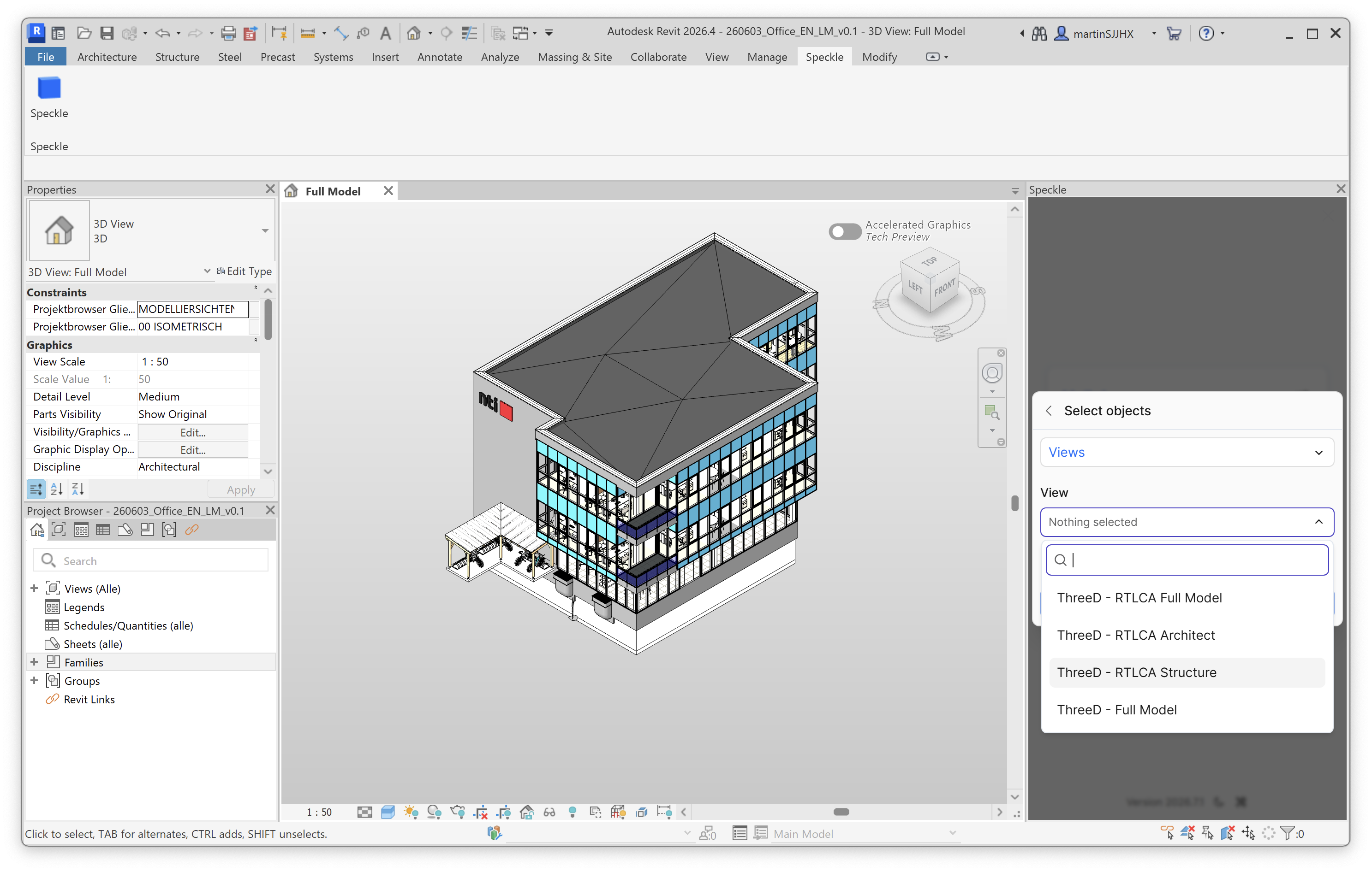 View picker listing ThreeD - RTLCA Full Model, ThreeD - RTLCA Architect, ThreeD - RTLCA Structure, and ThreeD - Full Model.