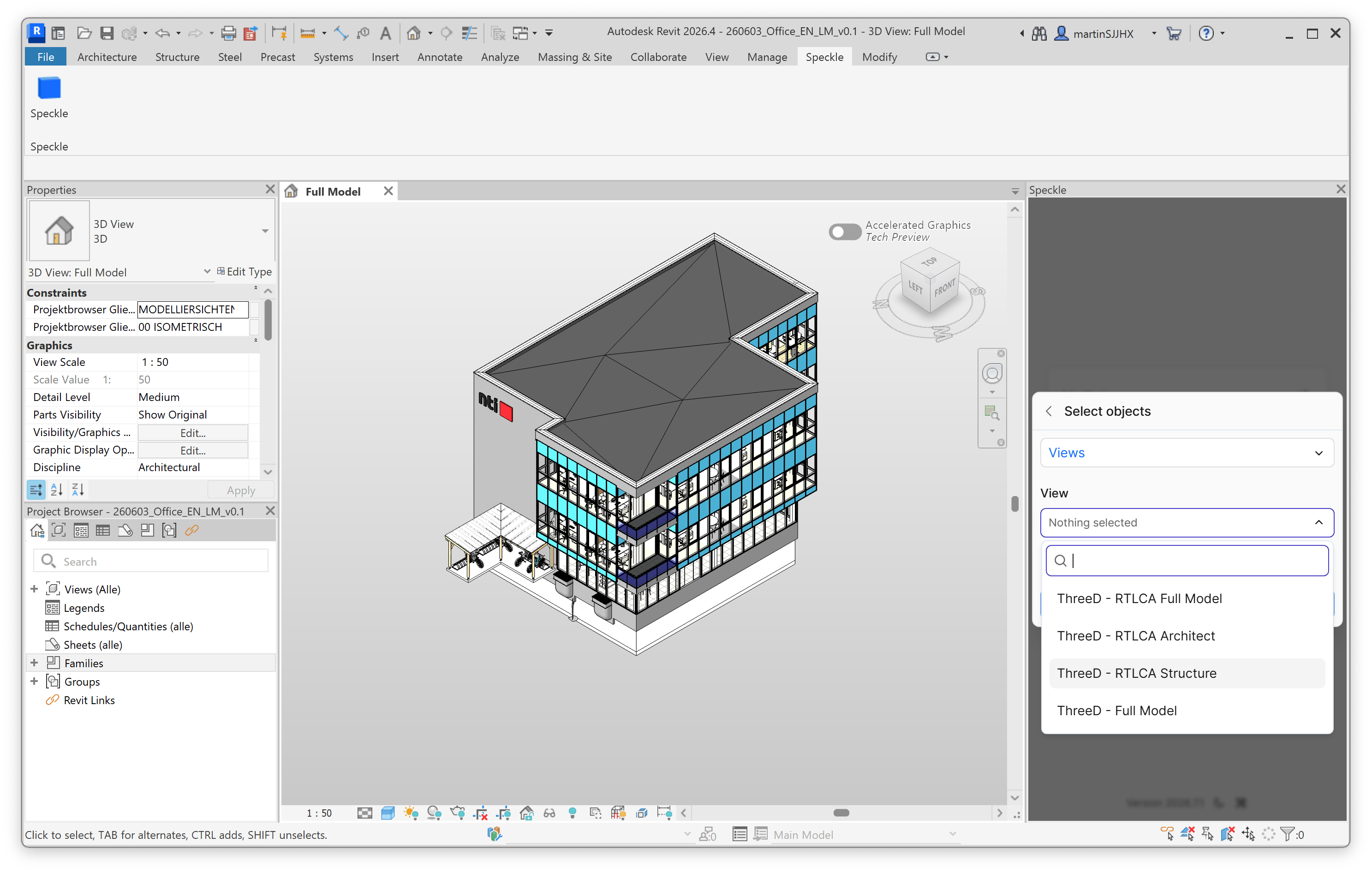 View picker listing ThreeD - RTLCA Full Model, ThreeD - RTLCA Architect, ThreeD - RTLCA Structure, and ThreeD - Full Model.