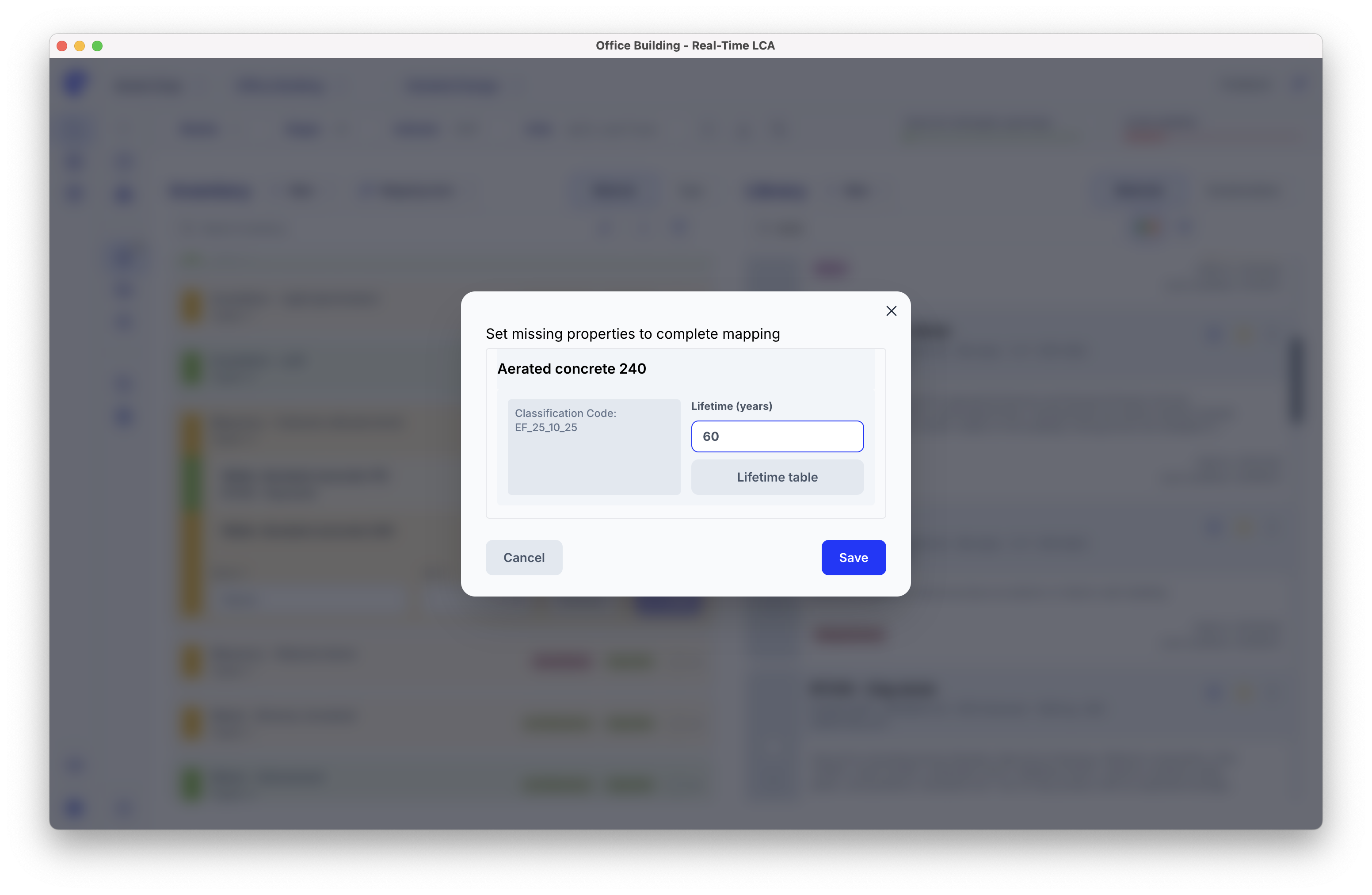 Set missing properties dialog for aerated concrete showing the classification code and a lifetime in years field with a link to the lifetime table.