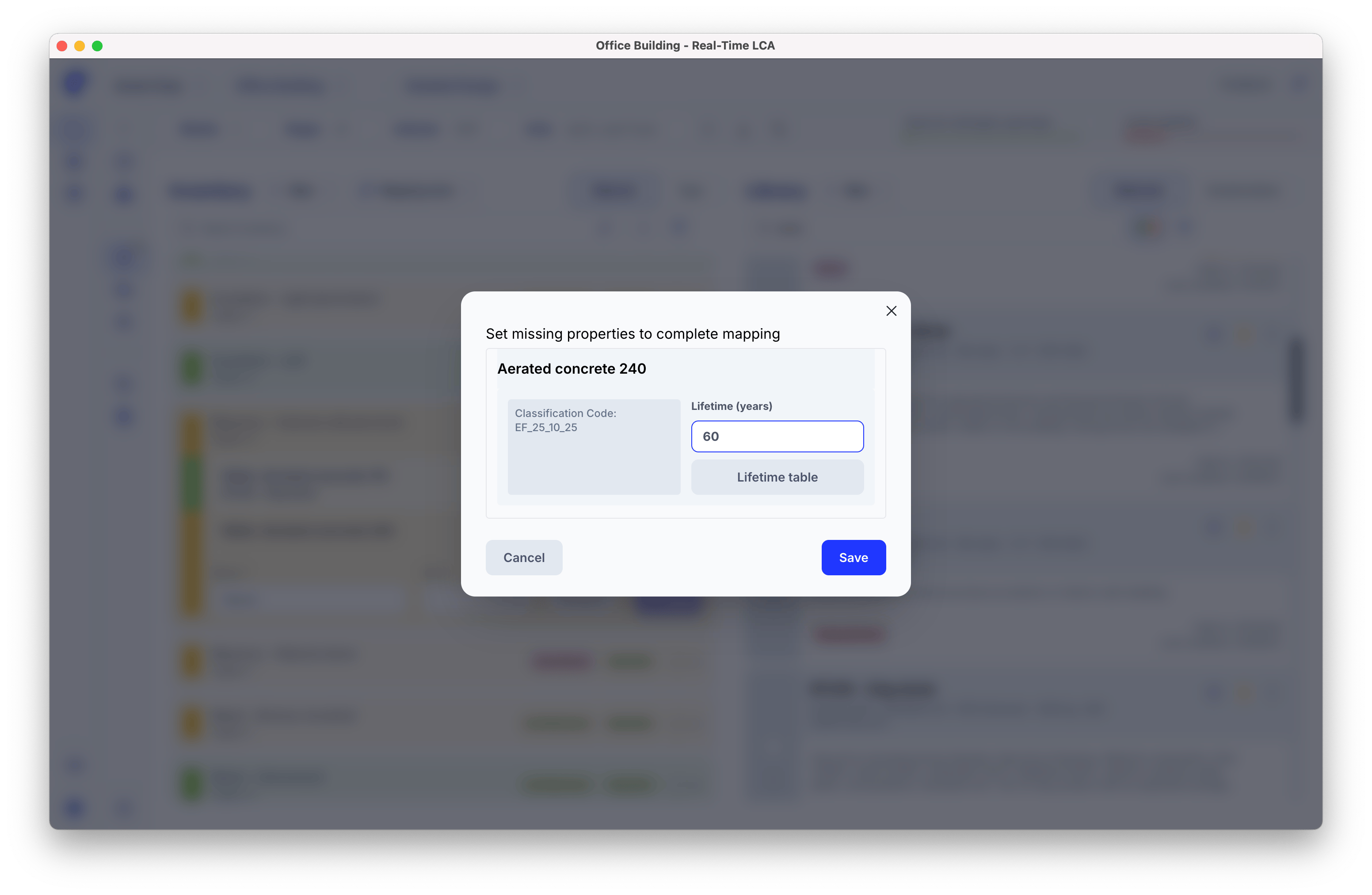 Set missing properties dialog for aerated concrete showing the classification code and a lifetime in years field with a link to the lifetime table.