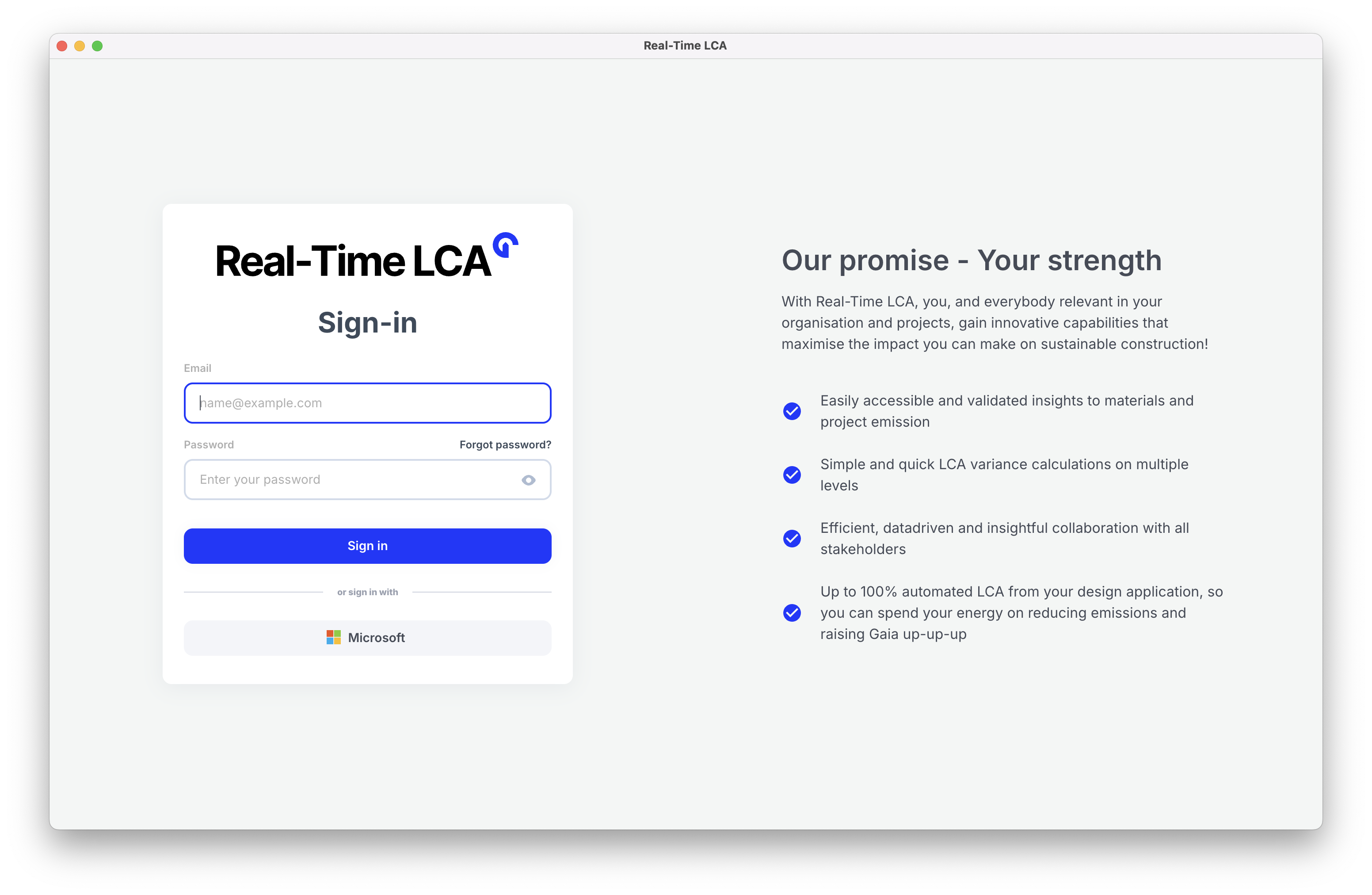 Real-Time LCA sign-in page with email and password fields, a forgot password link, and a Microsoft sign-in option.