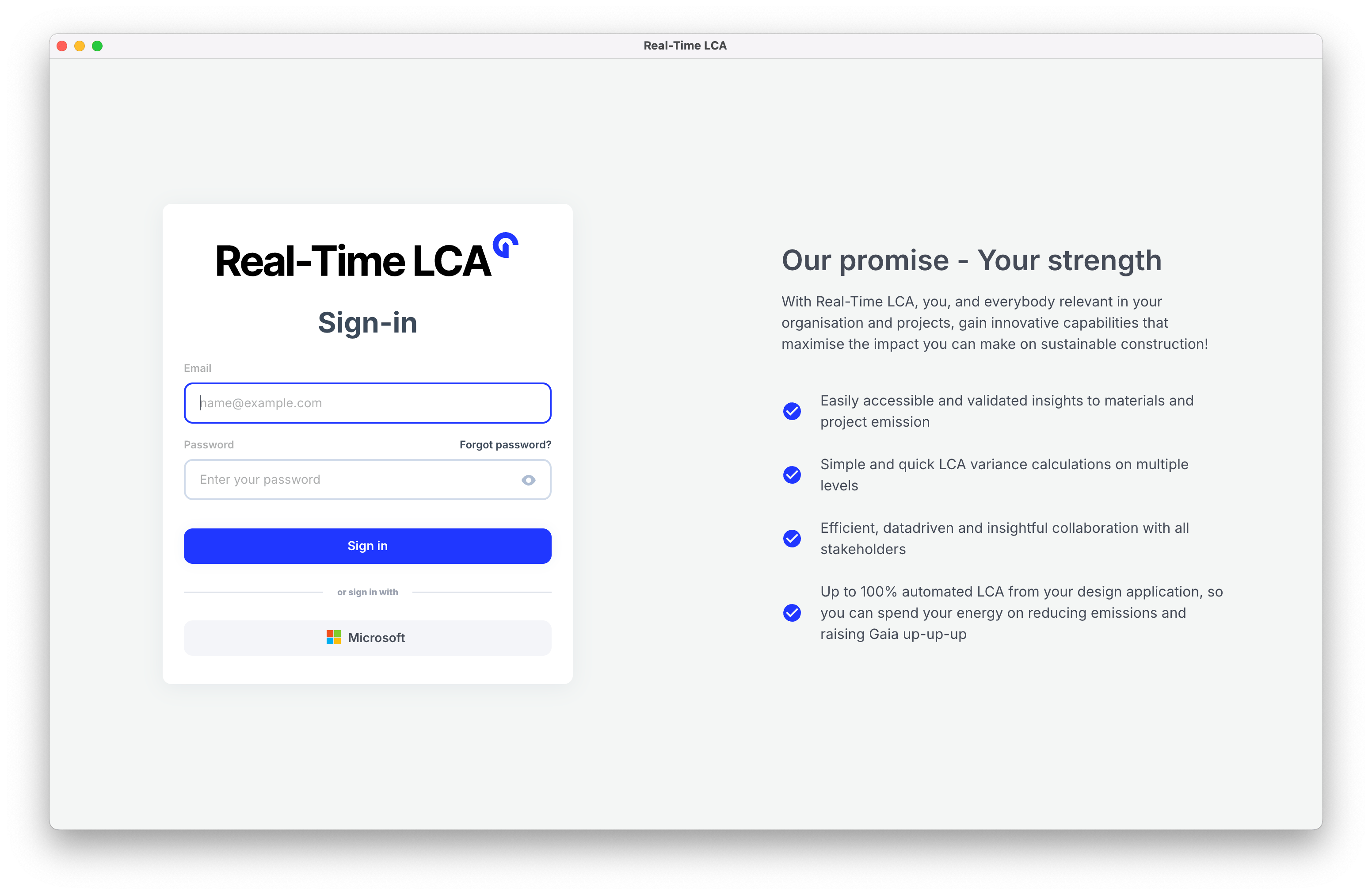 Real-Time LCA sign-in page with email and password fields, a forgot password link, and a Microsoft sign-in option.