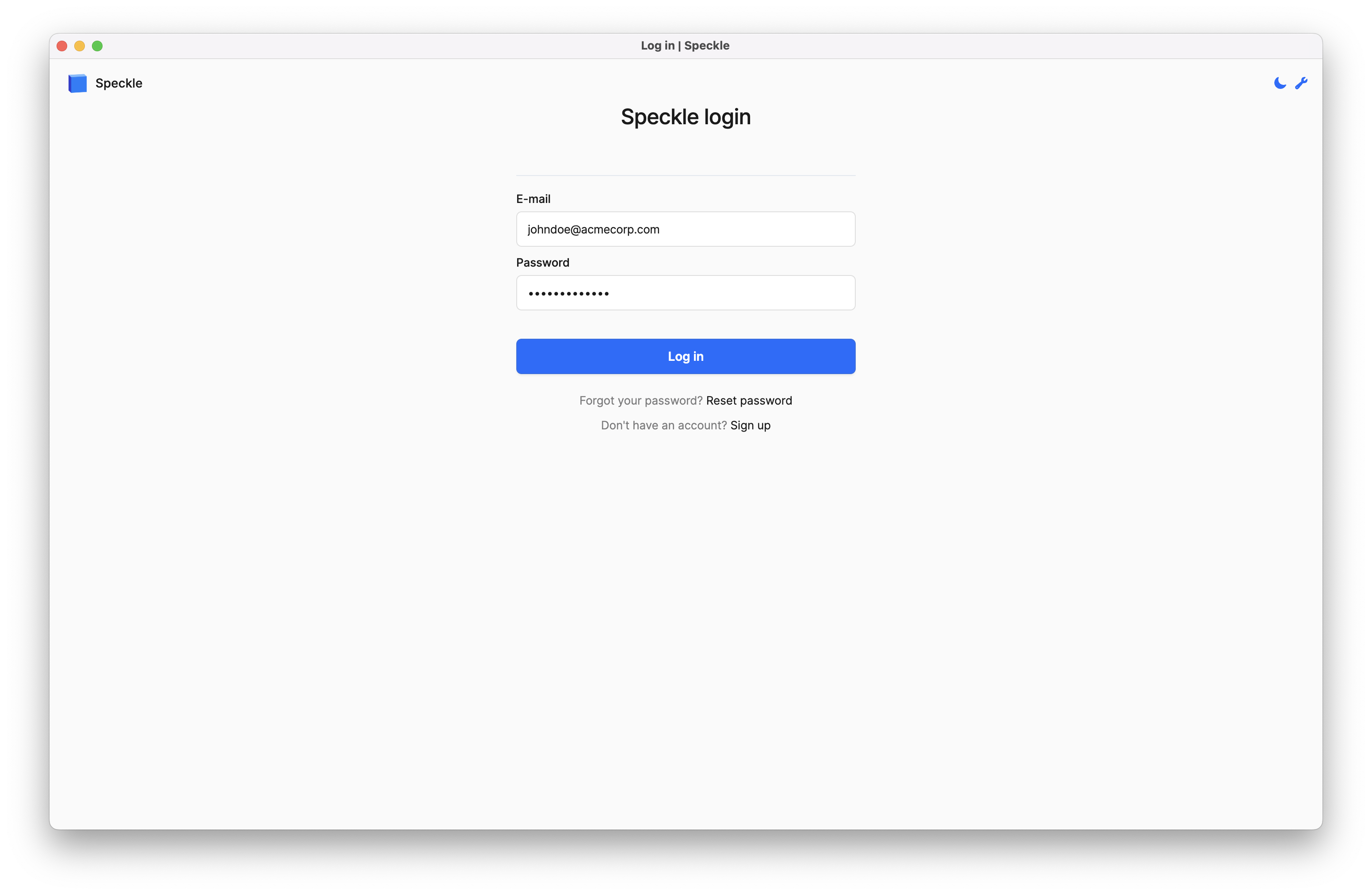 Speckle login page with email and password fields.
