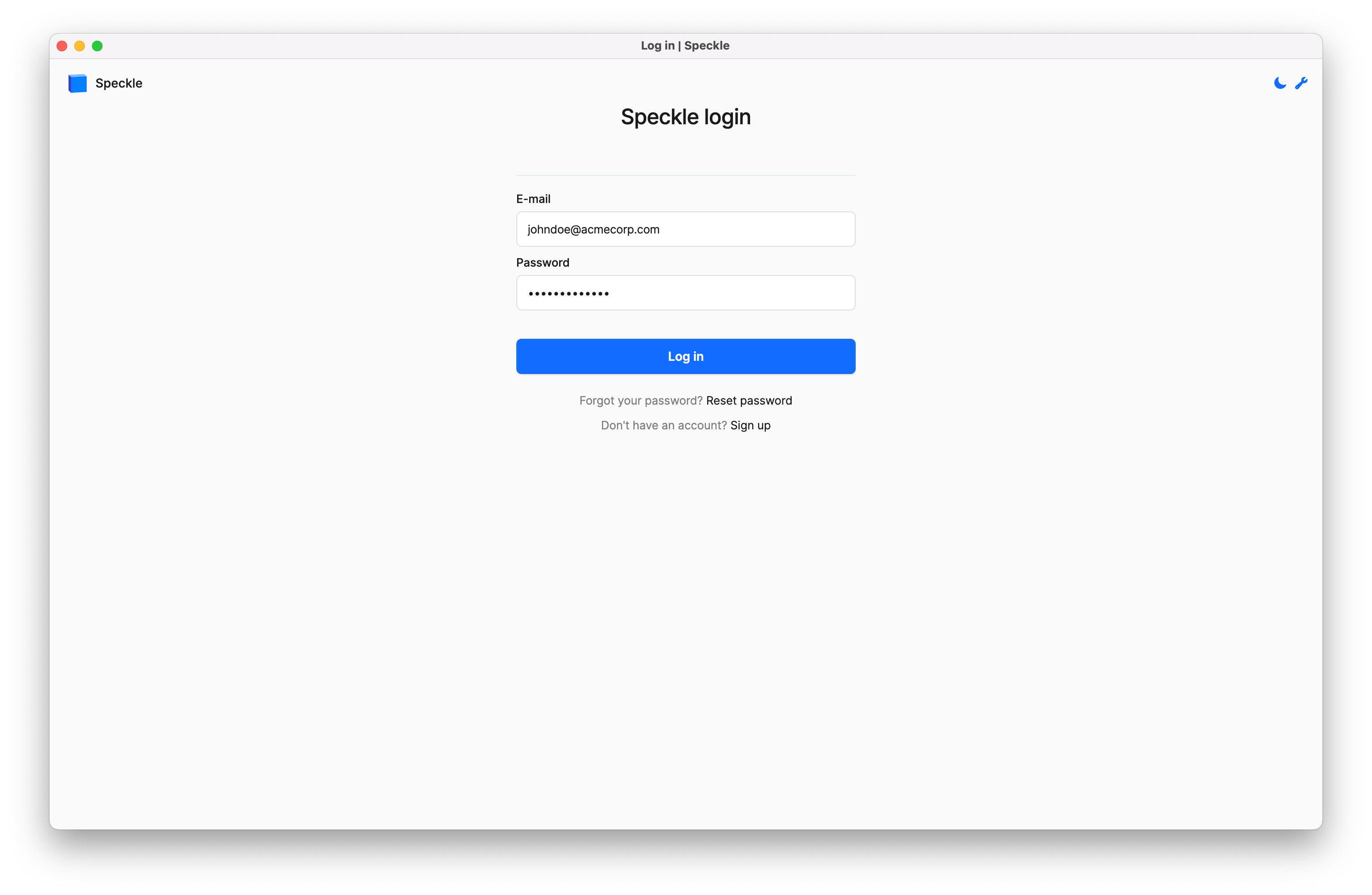 Speckle login page with email and password fields.