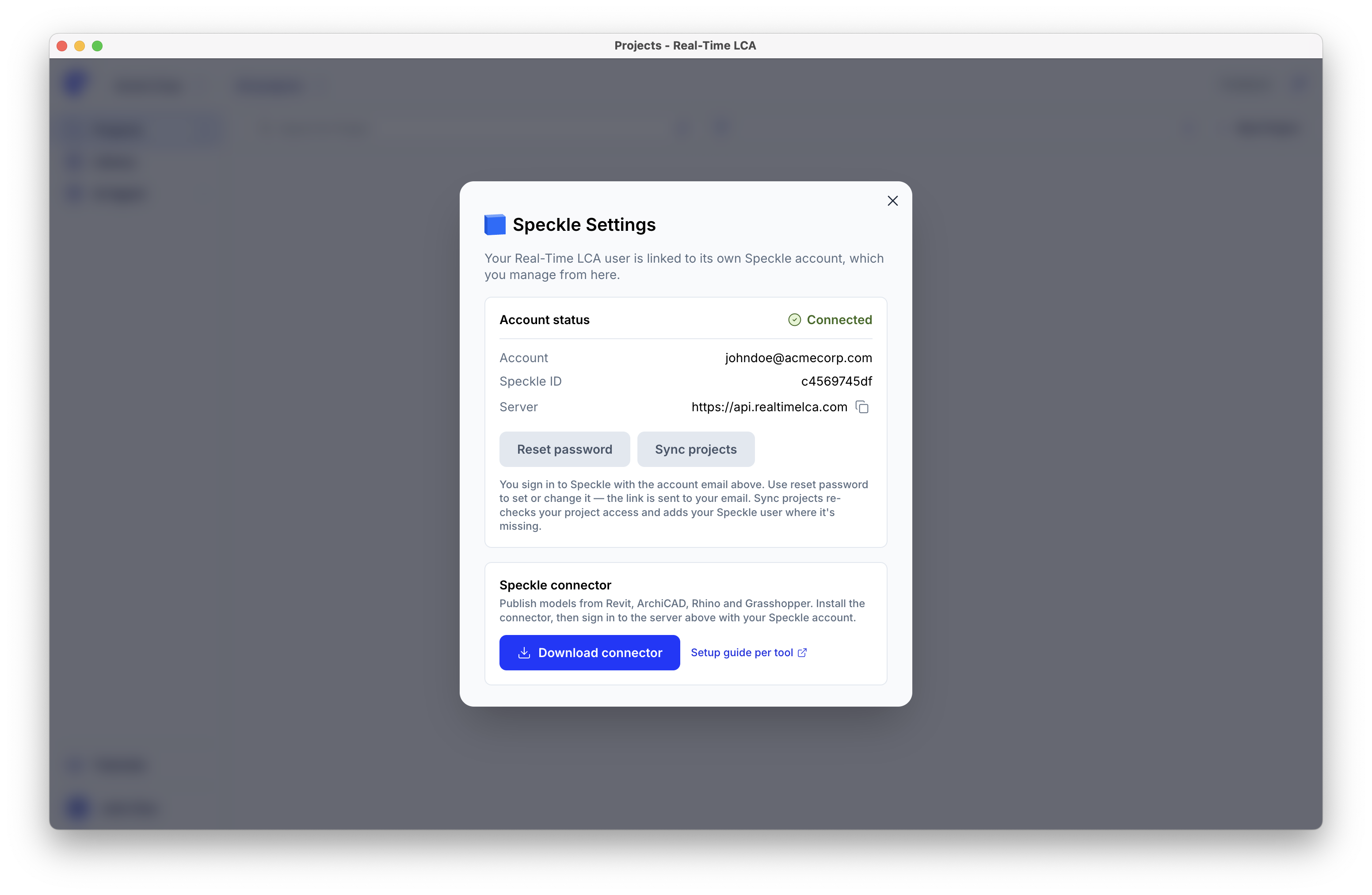 Speckle settings showing a connected account with the Speckle ID, server, reset password and sync projects buttons, and the connector download.