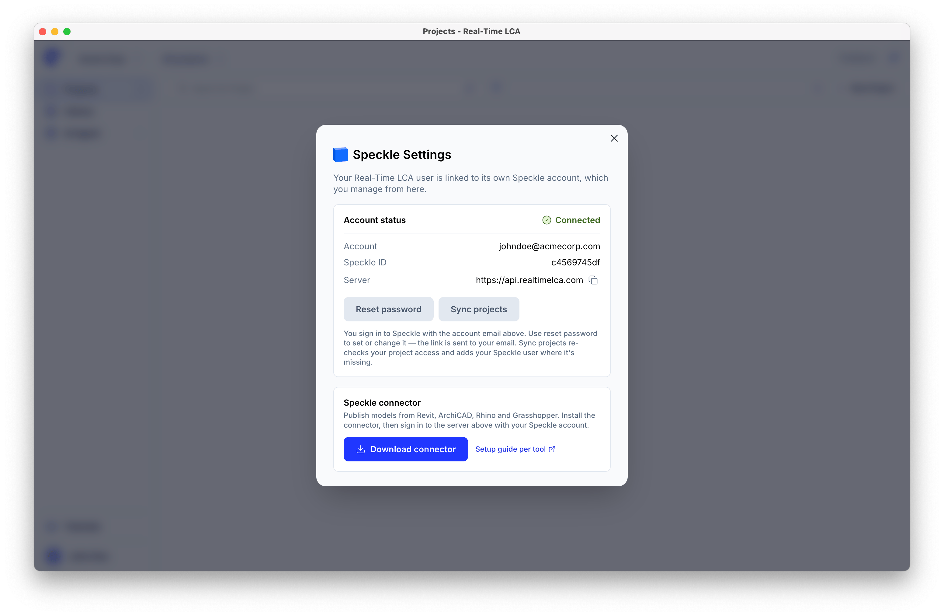 Speckle settings showing a connected account with the Speckle ID, server, reset password and sync projects buttons, and the connector download.