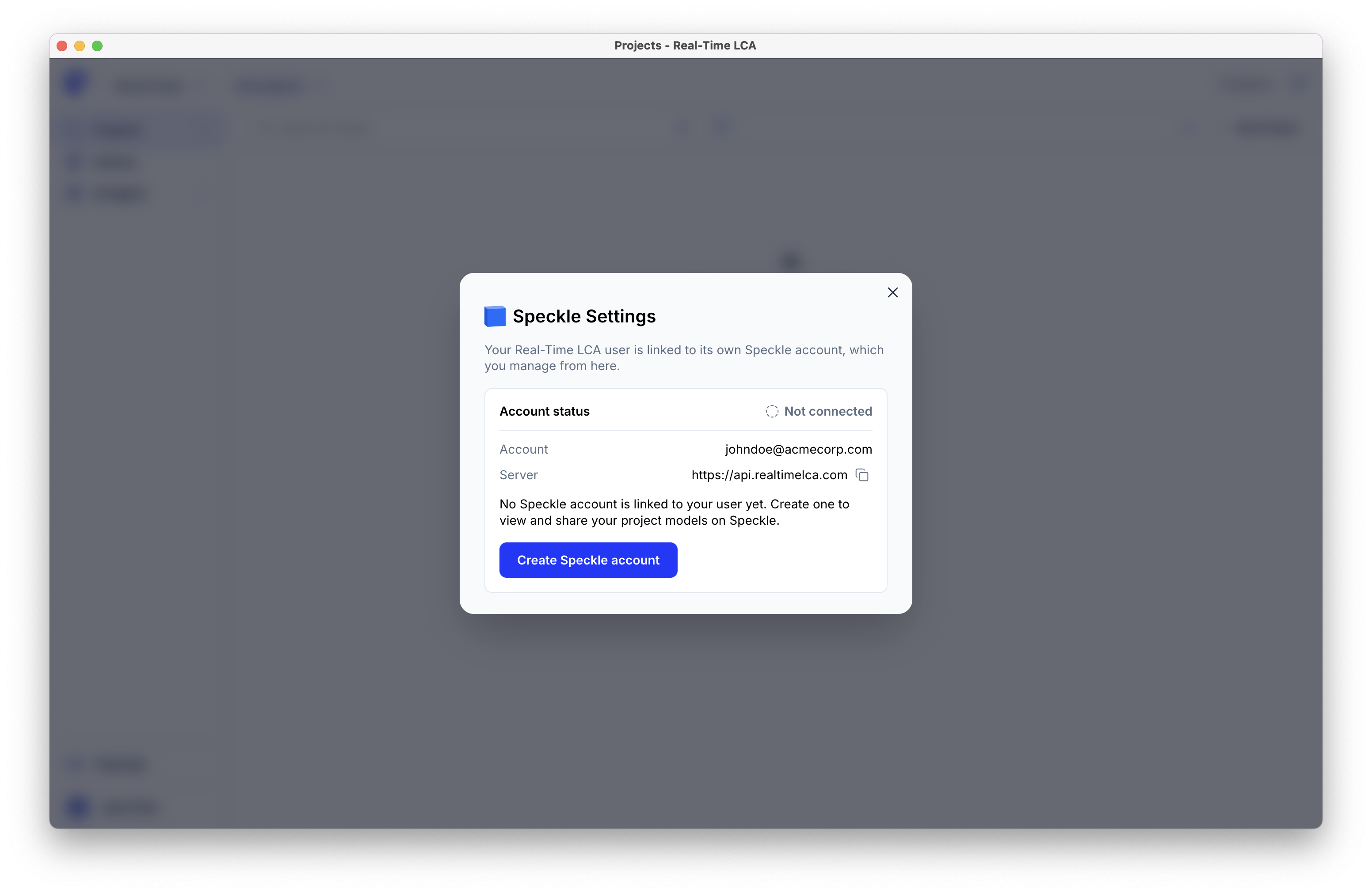 Speckle settings showing account status not connected, the account email, the server address, and a create Speckle account button.