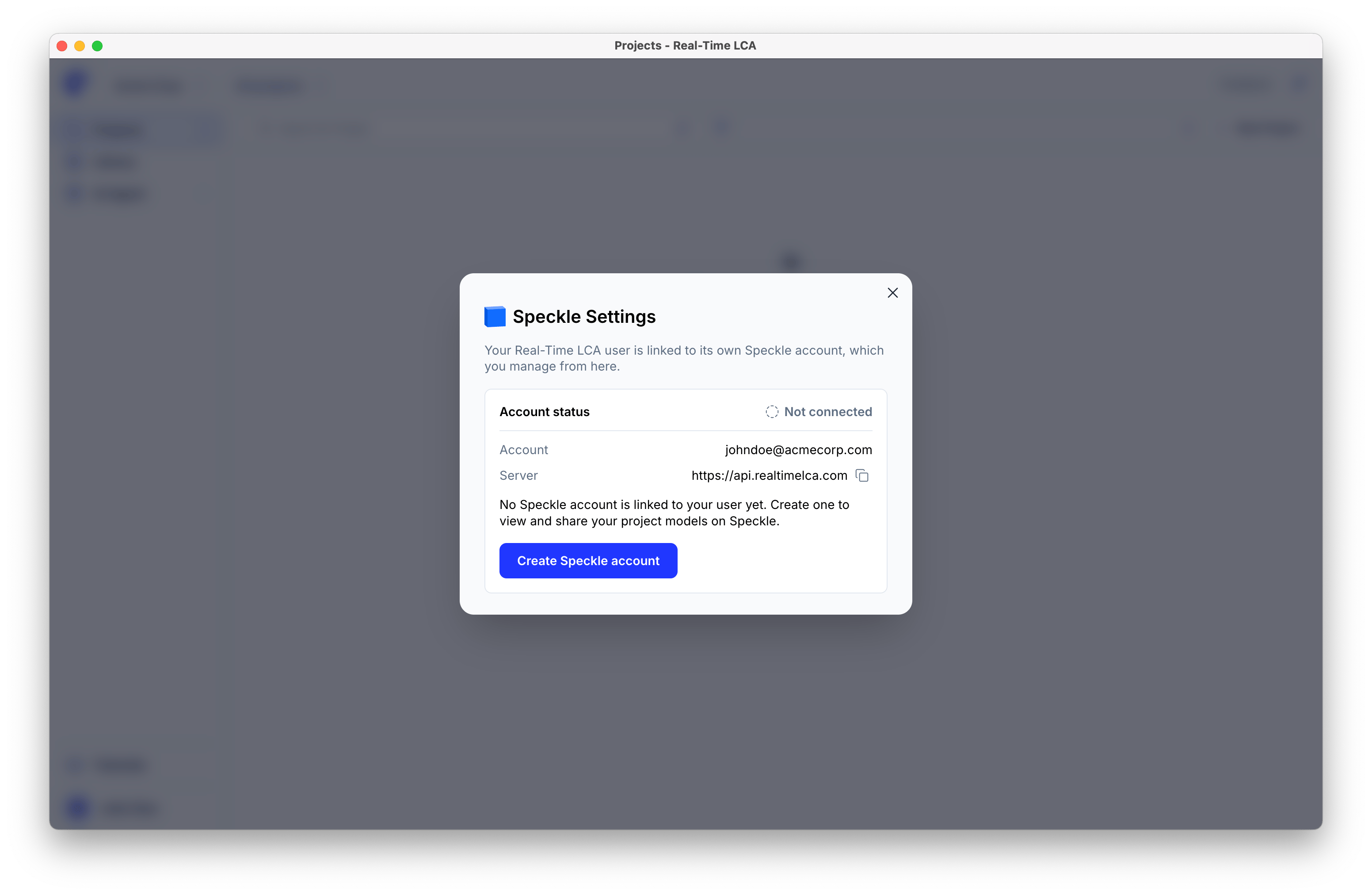 Speckle settings showing account status not connected, the account email, the server address, and a create Speckle account button.