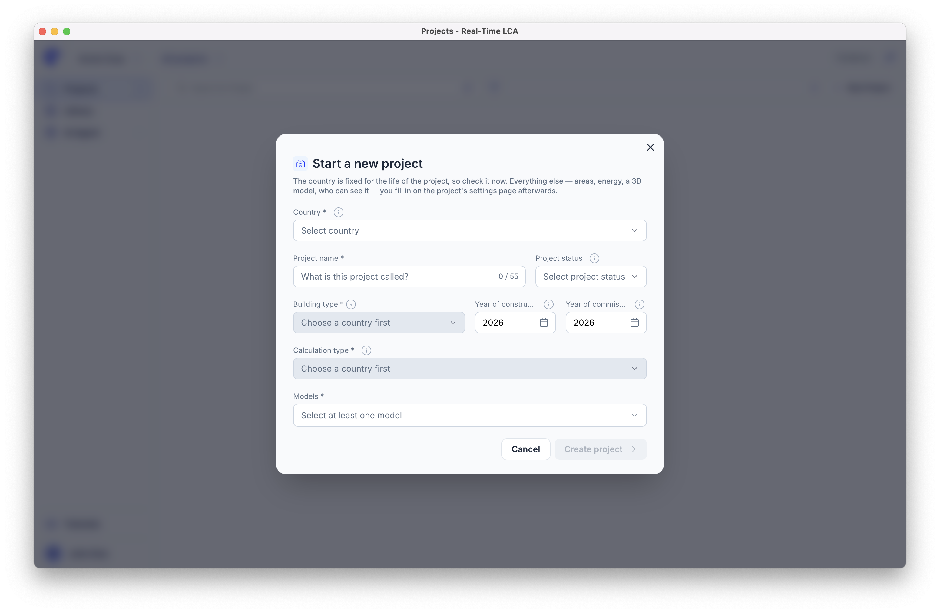 Start a new project dialog with empty Country, Project name, Project status, Building type, Calculation type, and Models fields.