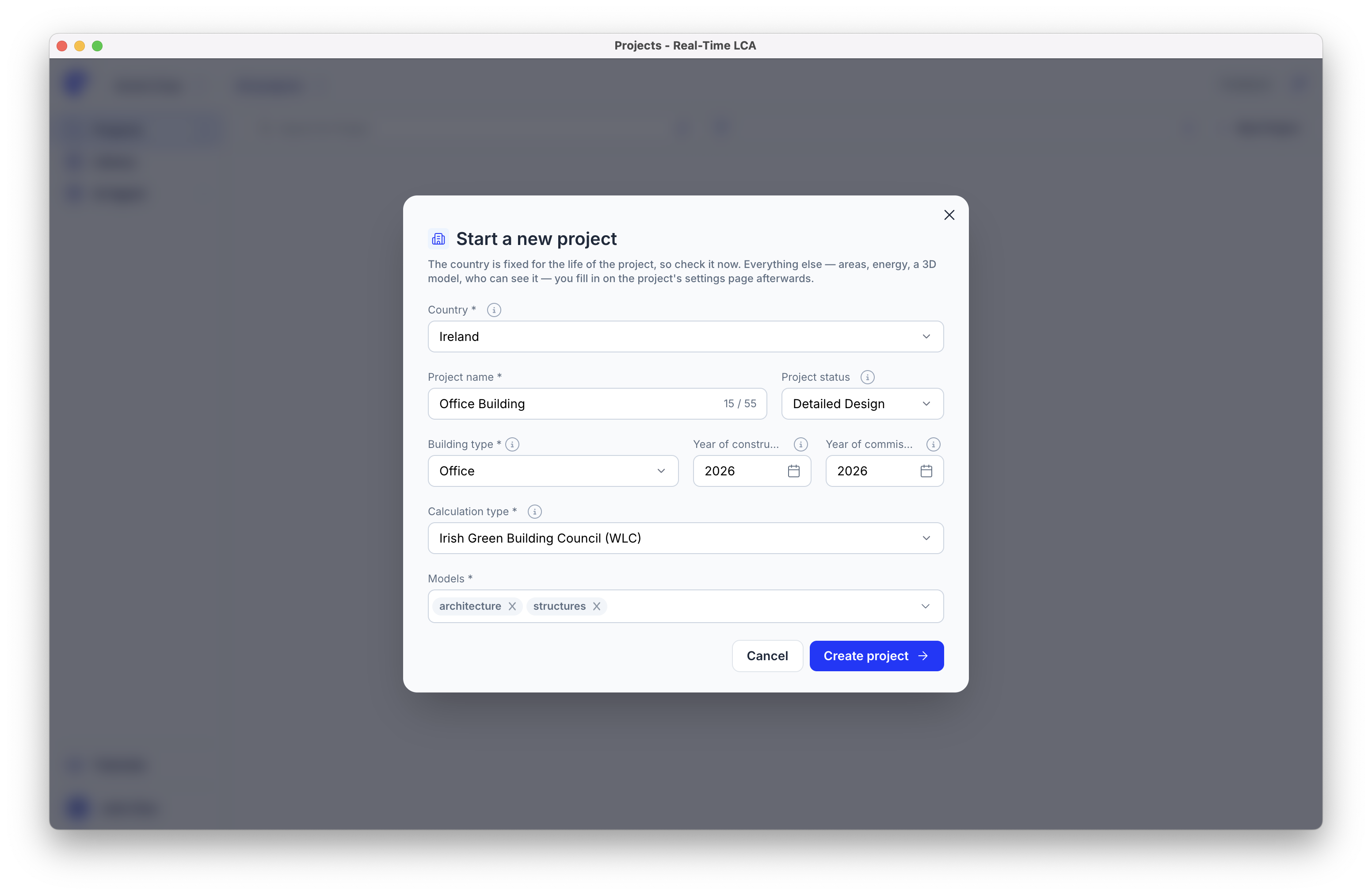 Start a new project dialog filled in with Ireland, Office Building, Detailed Design, Office, 2026, Irish Green Building Council (WLC), and two models.