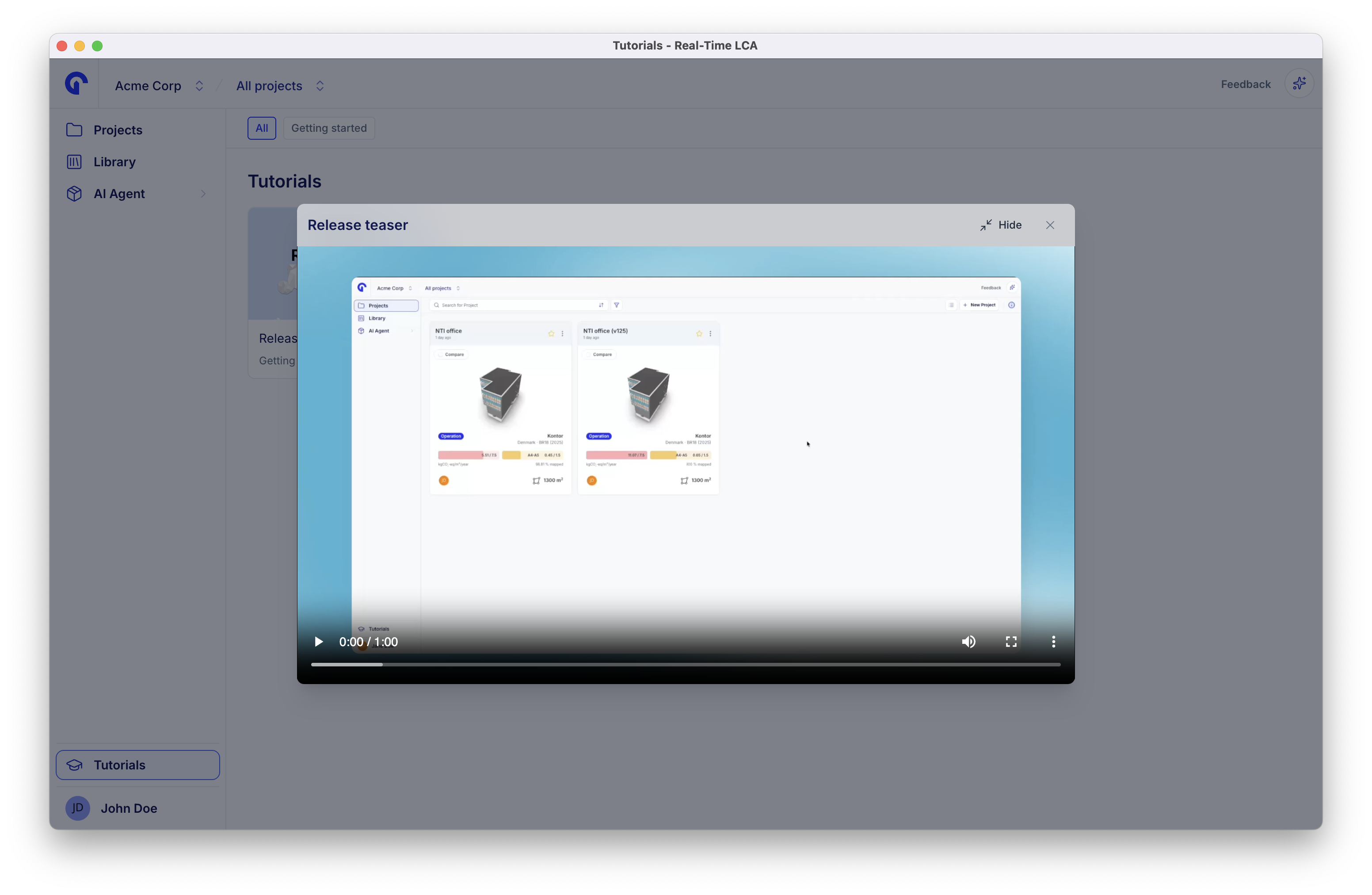 A tutorial video playing in a panel over the Tutorials page, with playback controls and Hide and close buttons.
