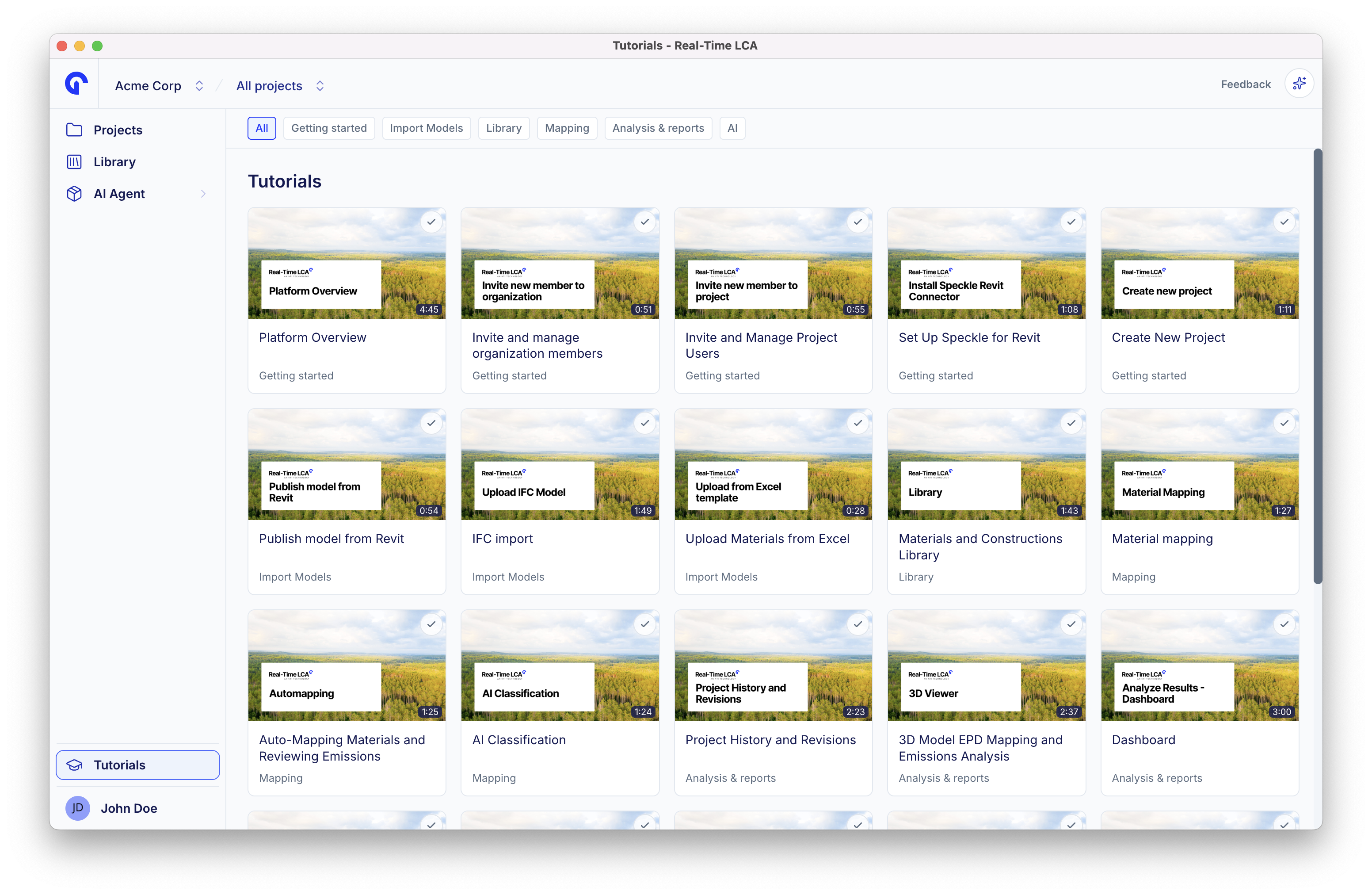 Tutorials page showing the full video library as a grid of cards, each with a thumbnail, title, category, duration, and a watched tick.