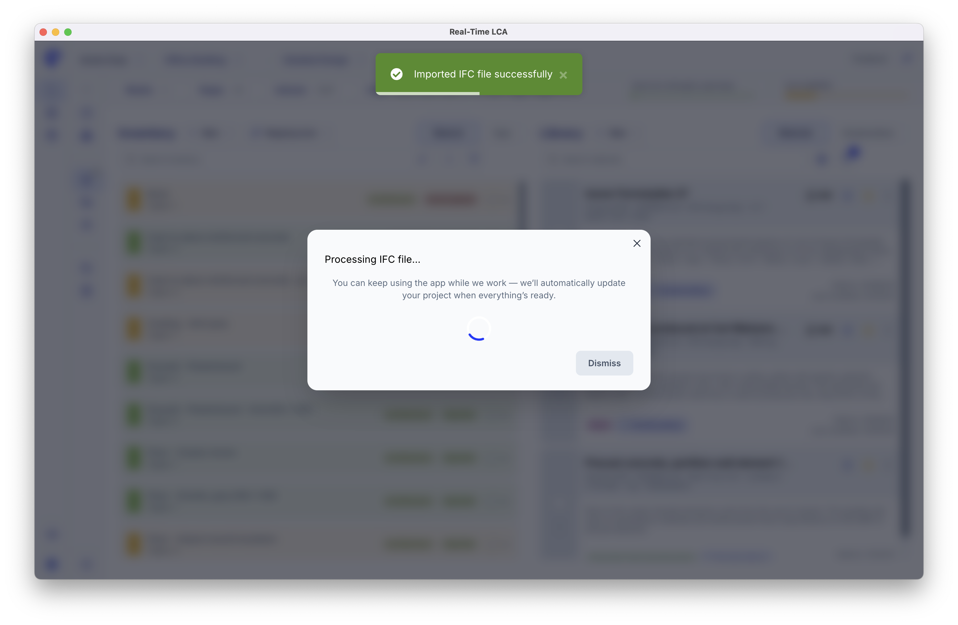 Processing IFC file notice explaining you can keep using the app, with a toast confirming the IFC file was imported successfully.