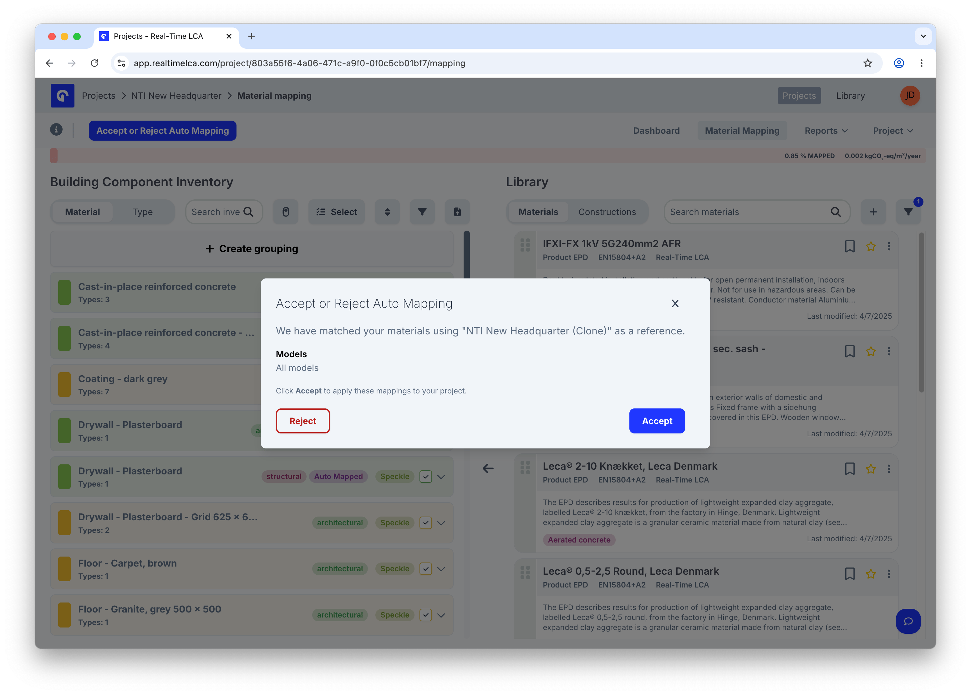 Accept or Reject Auto Mapping modal showing the reference project and Reject and Accept buttons.