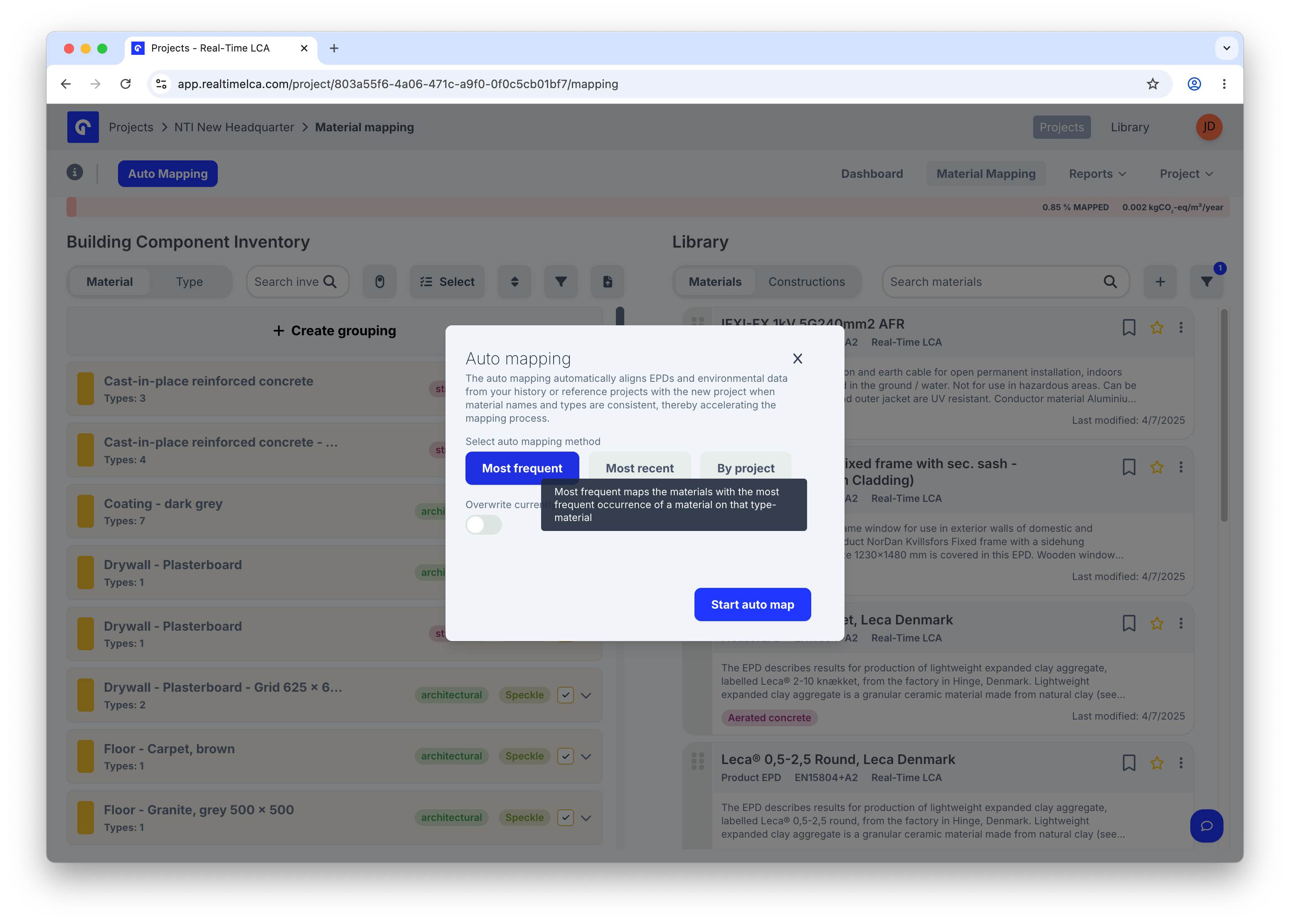 Auto mapping dialog with Most frequent selected and a tooltip explaining it picks the EPD used most often per type-material.
