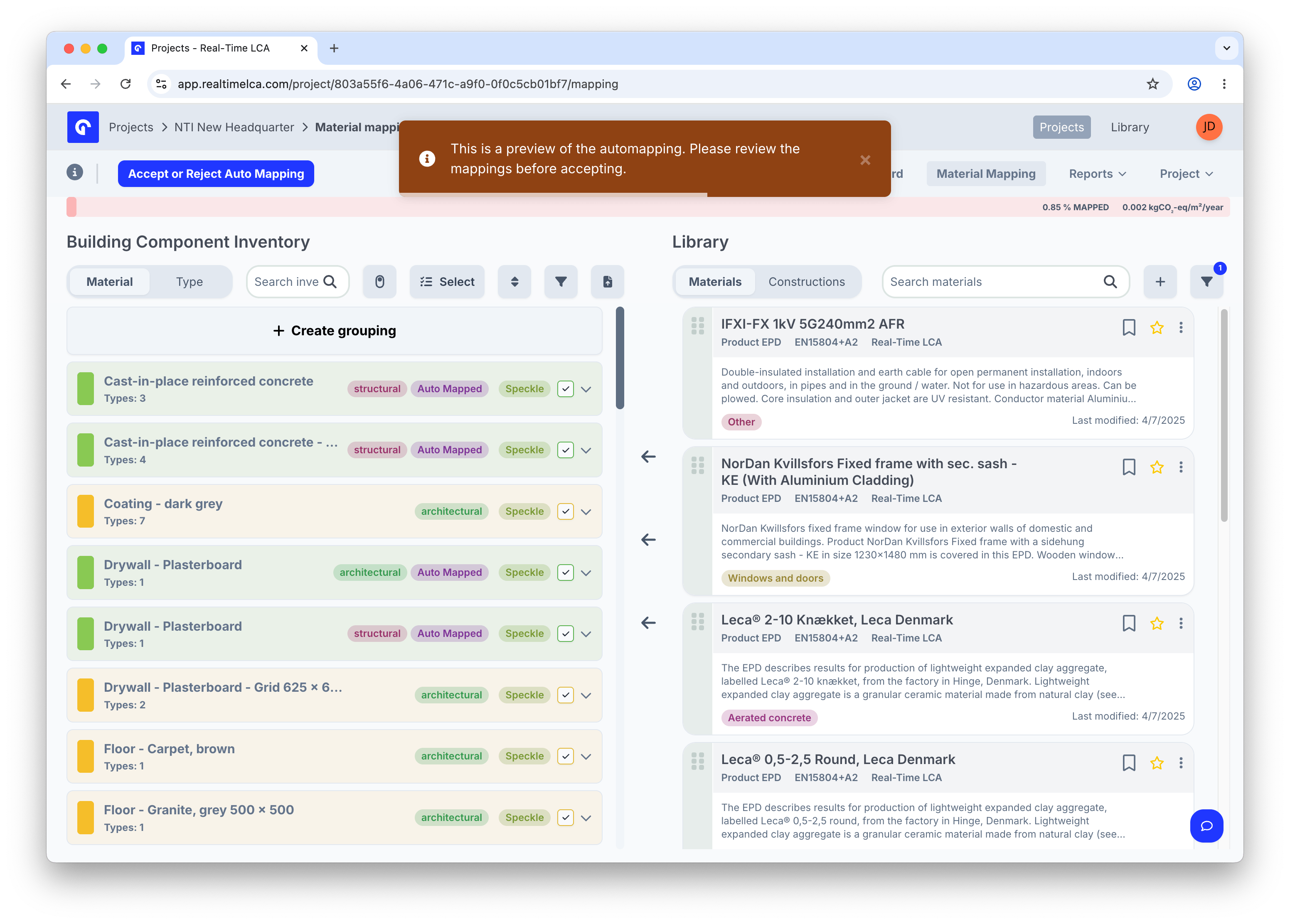Material Mapping page in auto-map preview with an Accept or Reject Auto Mapping button in the top-left and a banner saying This is a preview of the automapping. Please review the mappings before accepting.