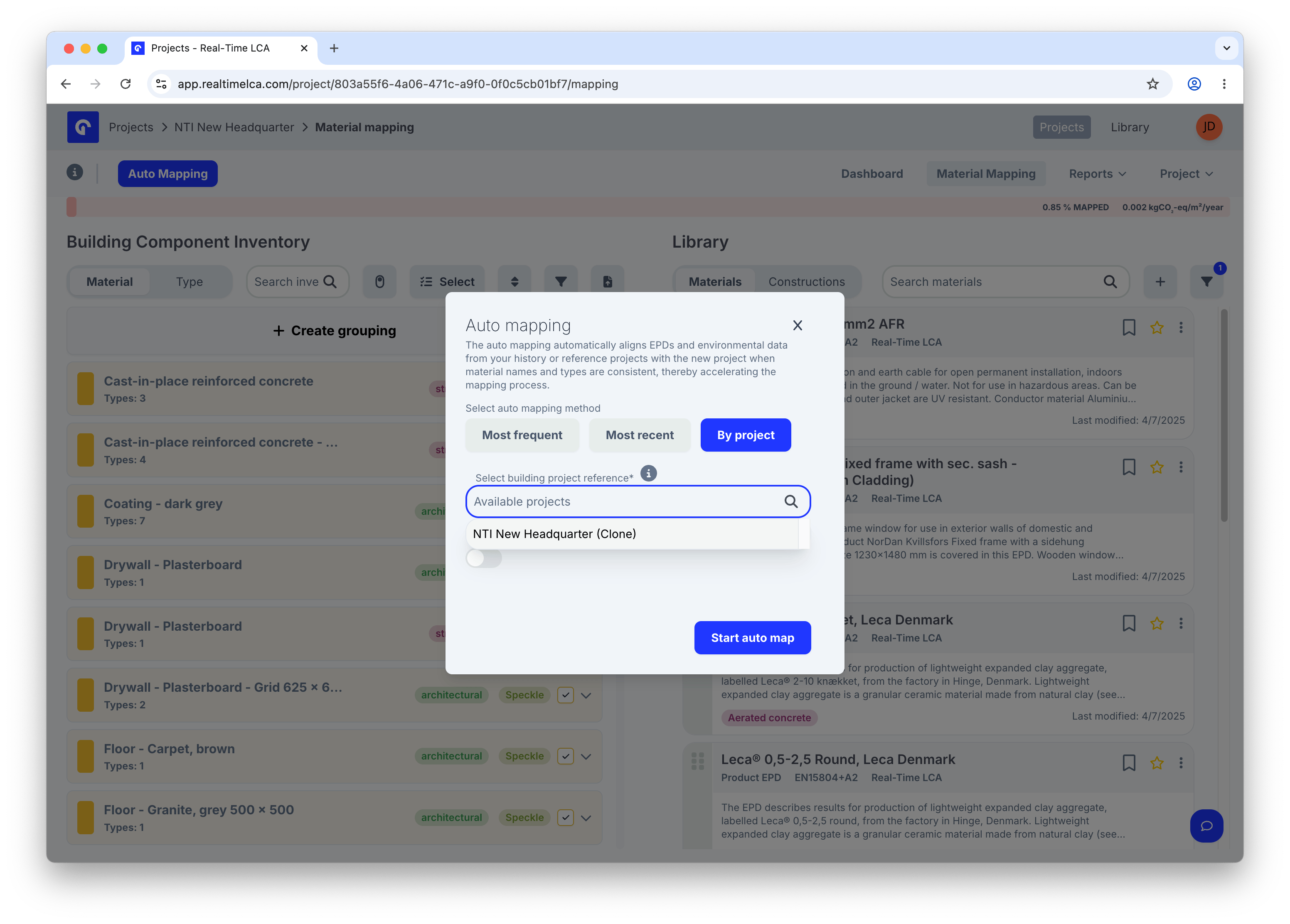 Auto mapping dialog with the project reference dropdown open and NTI New Headquarter (Clone) listed.