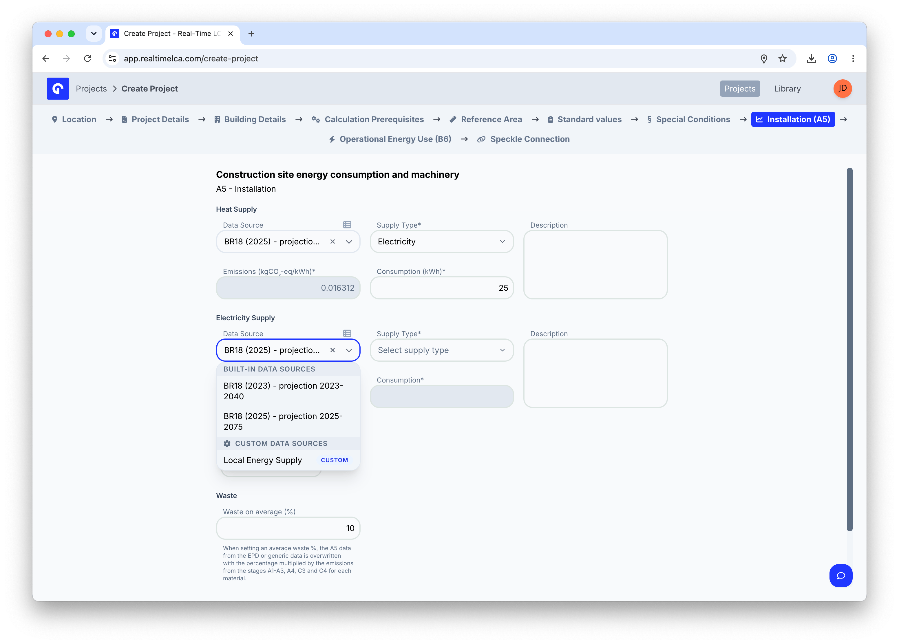 Electricity Supply Data Source dropdown grouped into Built-in and Custom data sources.