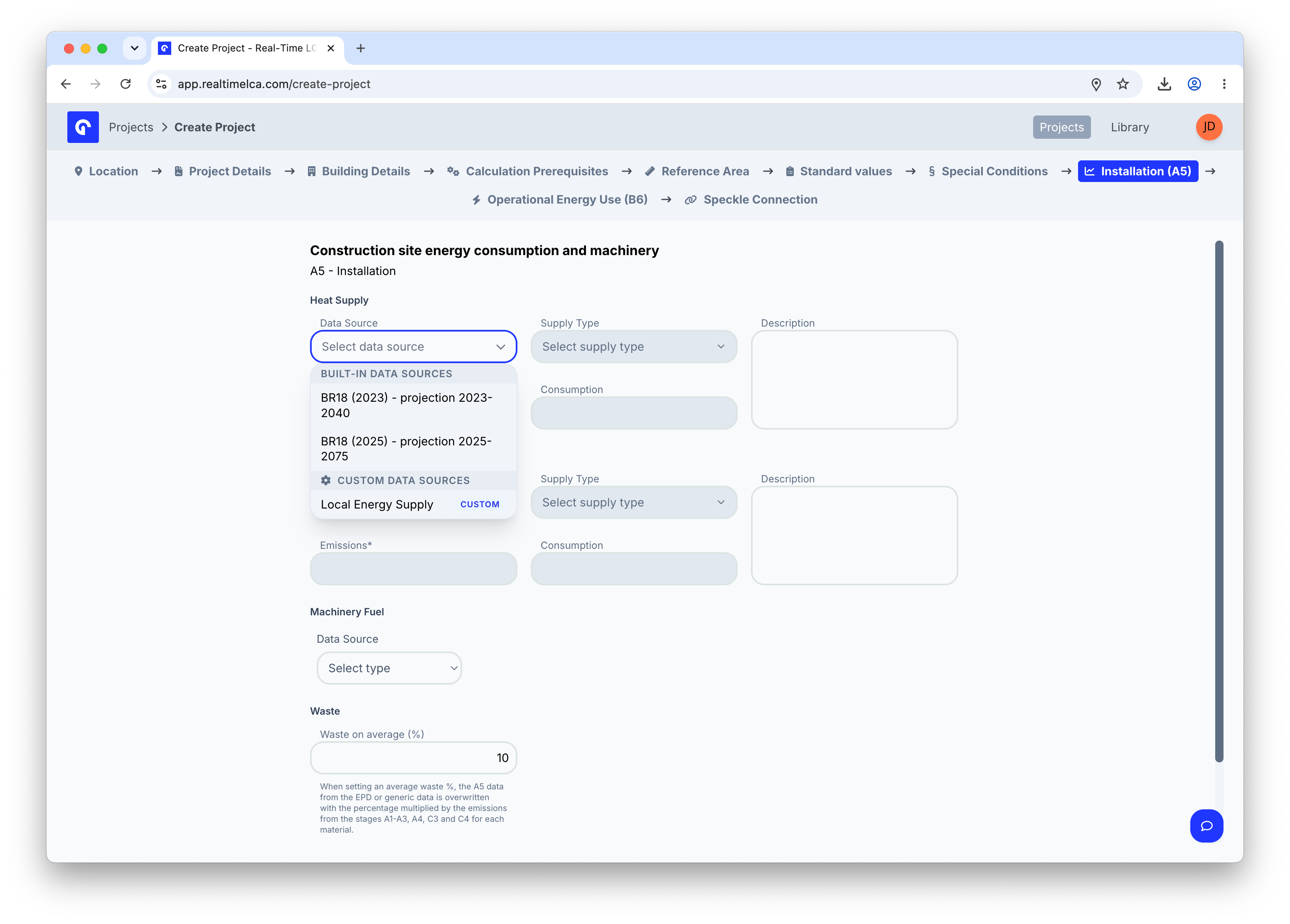 Heat supply Data Source dropdown grouped into Built-in data sources (BR18 projections) and Custom data sources.