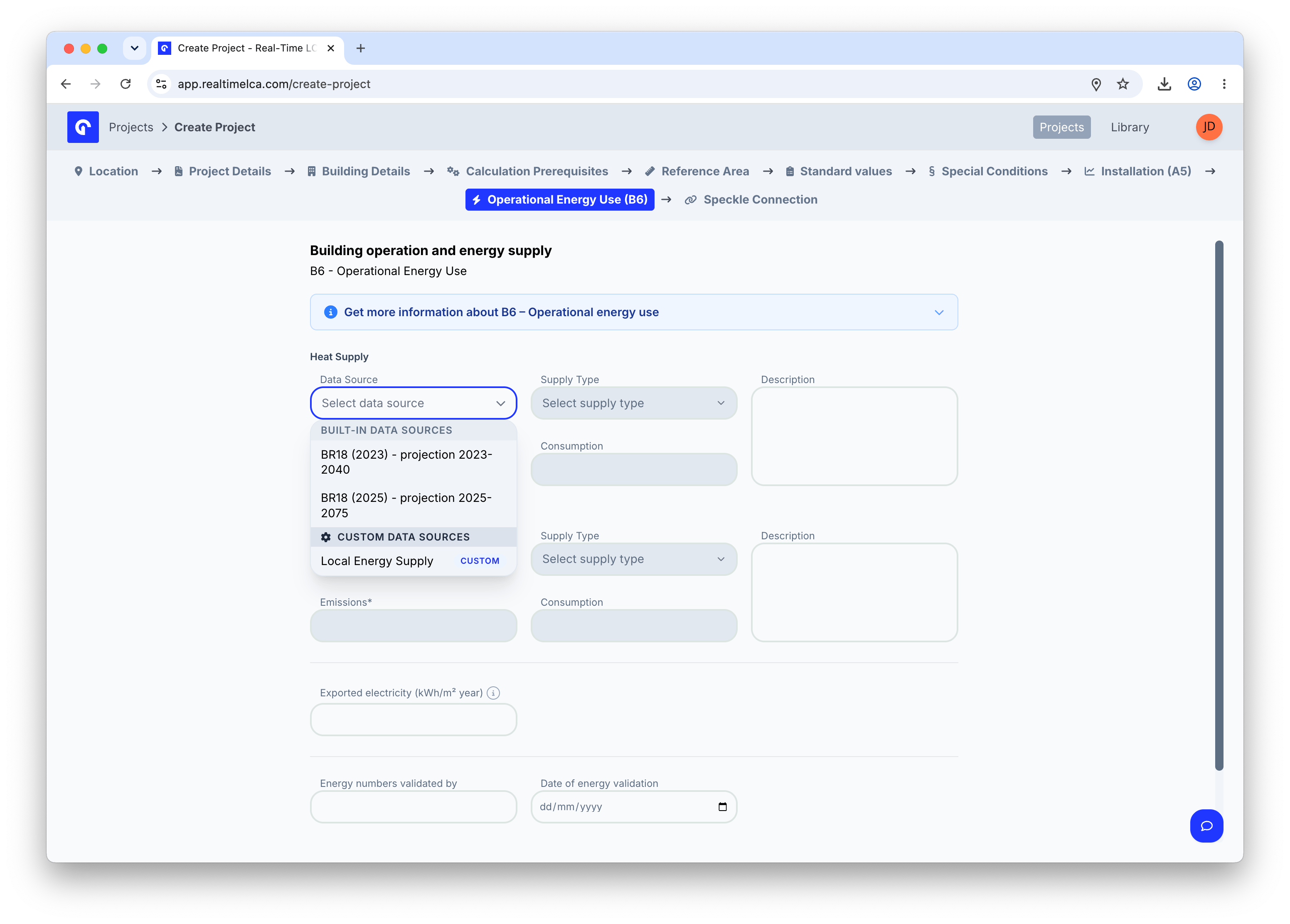 B6 Operational Energy Use Heat Supply Data Source dropdown showing BR18 (2023) projection 2023–2040, BR18 (2025) projection 2025–2075, and Custom data sources.