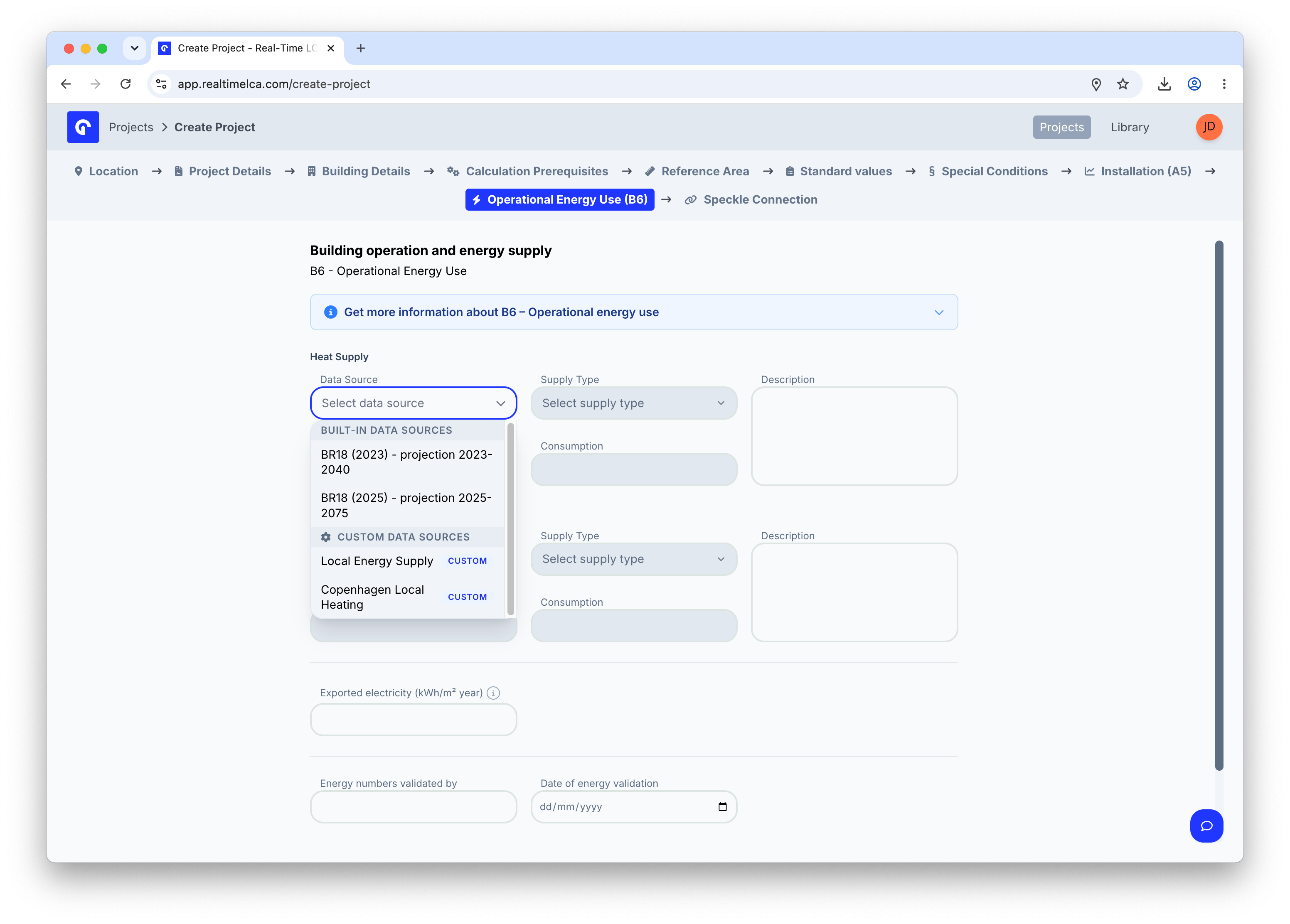 B6 Heat Supply Data Source dropdown showing Built-in BR18 projections and Custom sources Local Energy Supply and Copenhagen Local Heating.
