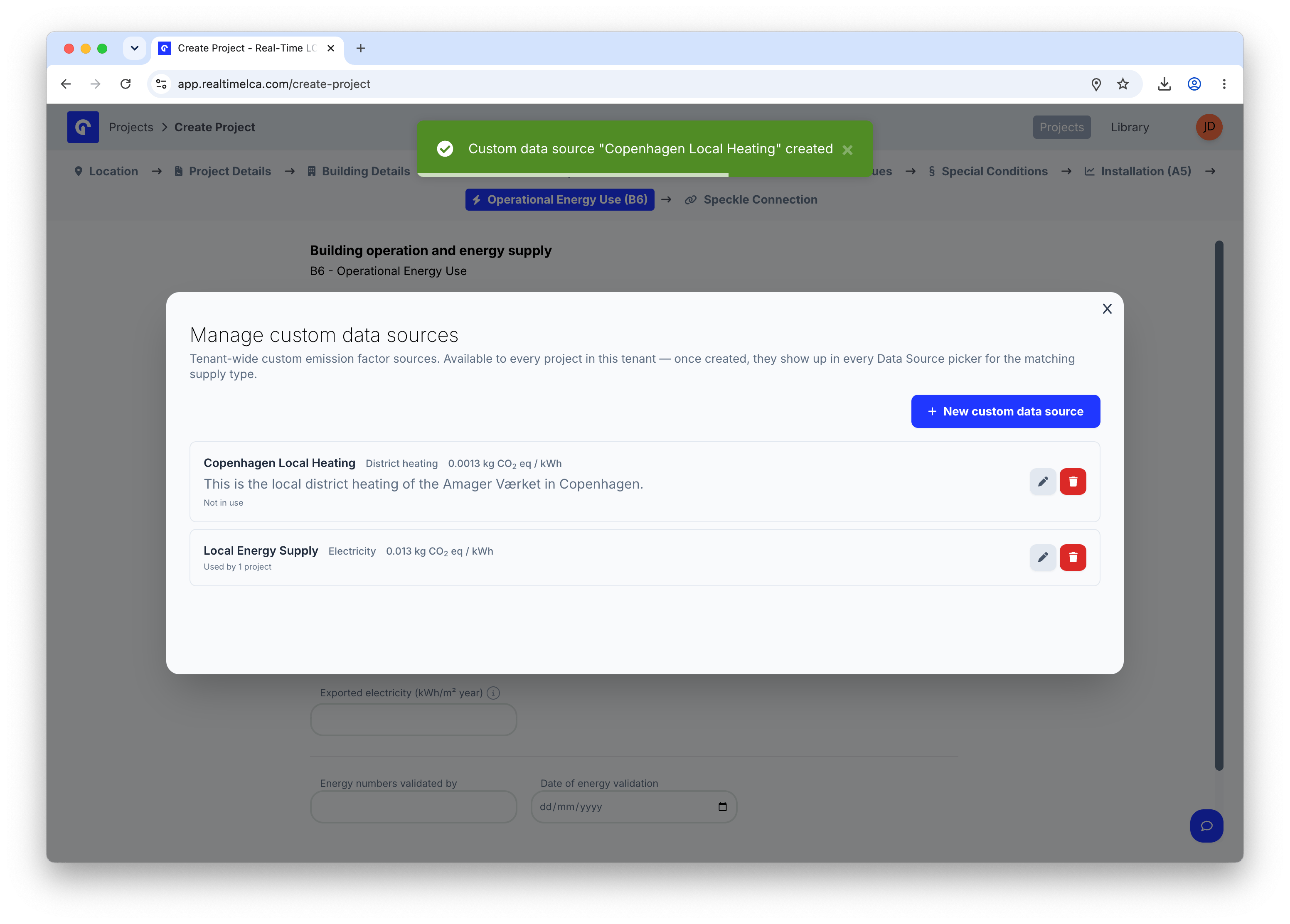 Manage custom data sources modal showing the newly created Copenhagen Local Heating entry.