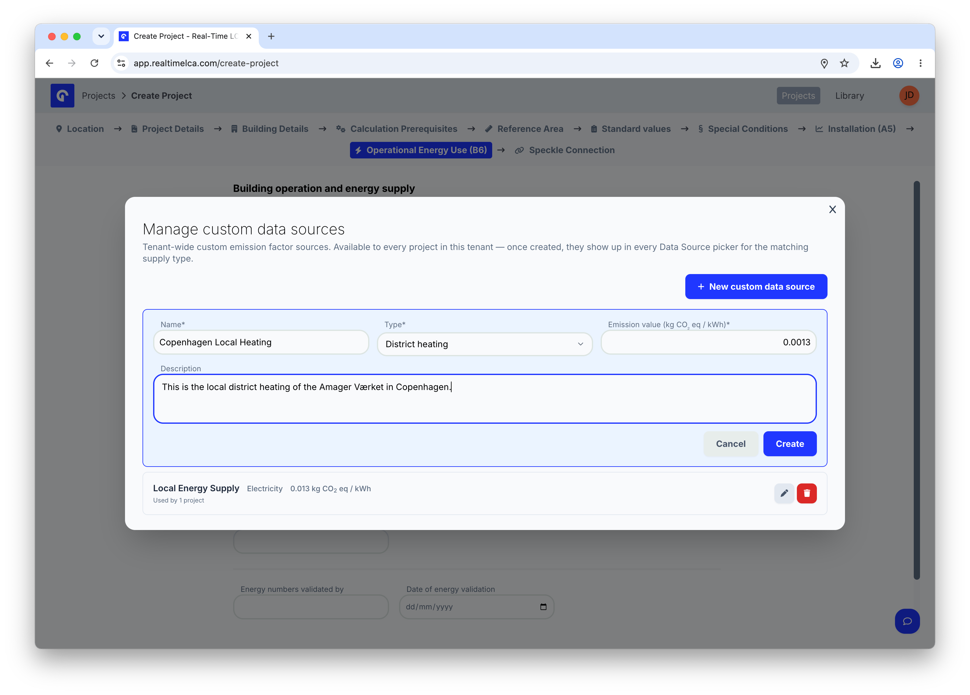New custom data source form with Name set to Copenhagen Local Heating, Type set to District heating, and Emission value 0.0013 kg COâ‚‚-eq / kWh.