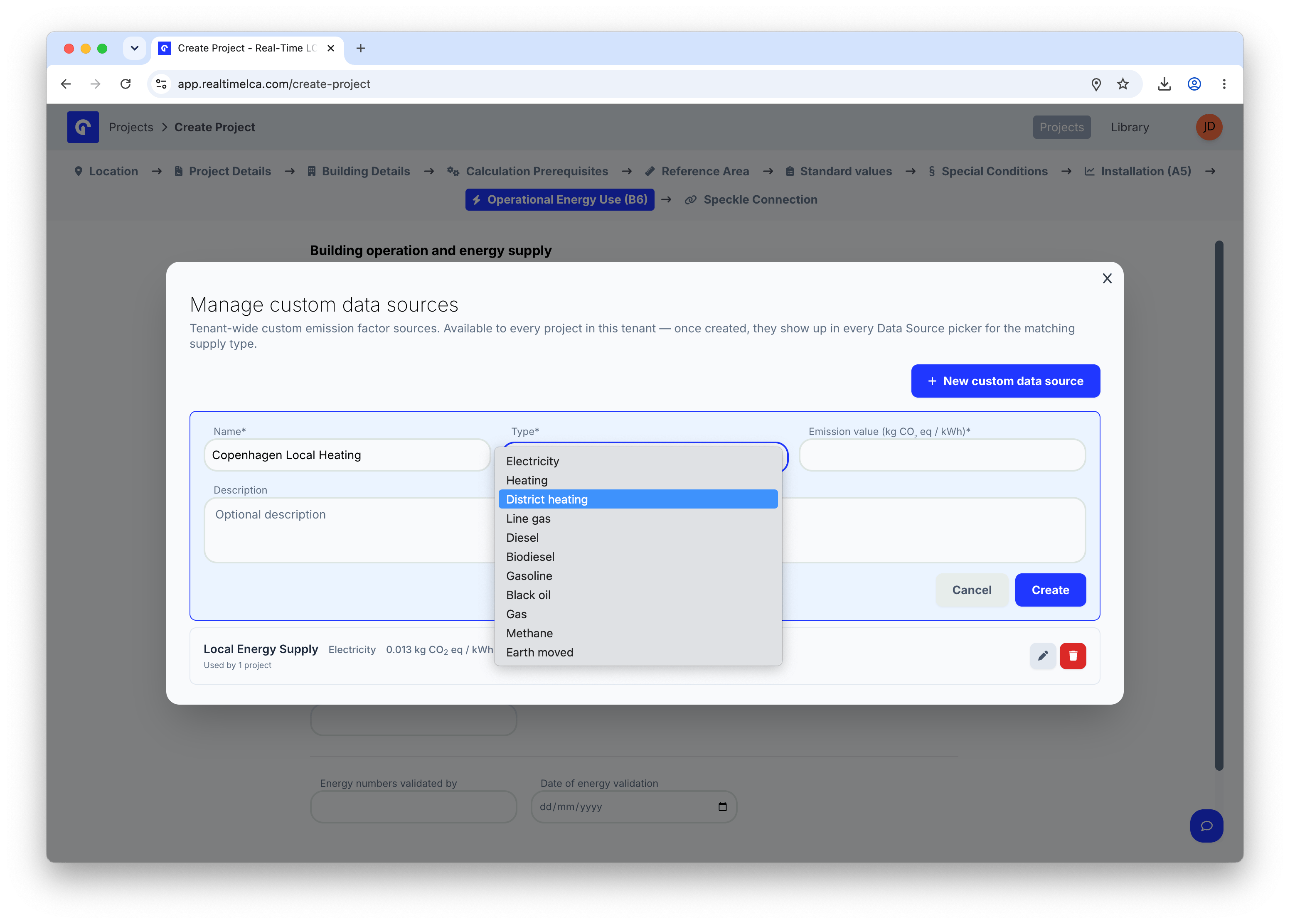 New custom data source form with the Type dropdown open.