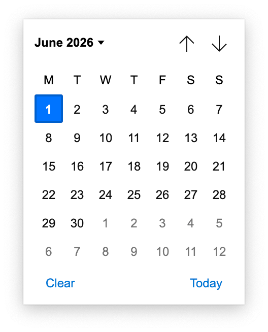 Calendar widget set to June 2026 with the 1st selected and Clear / Today shortcuts.