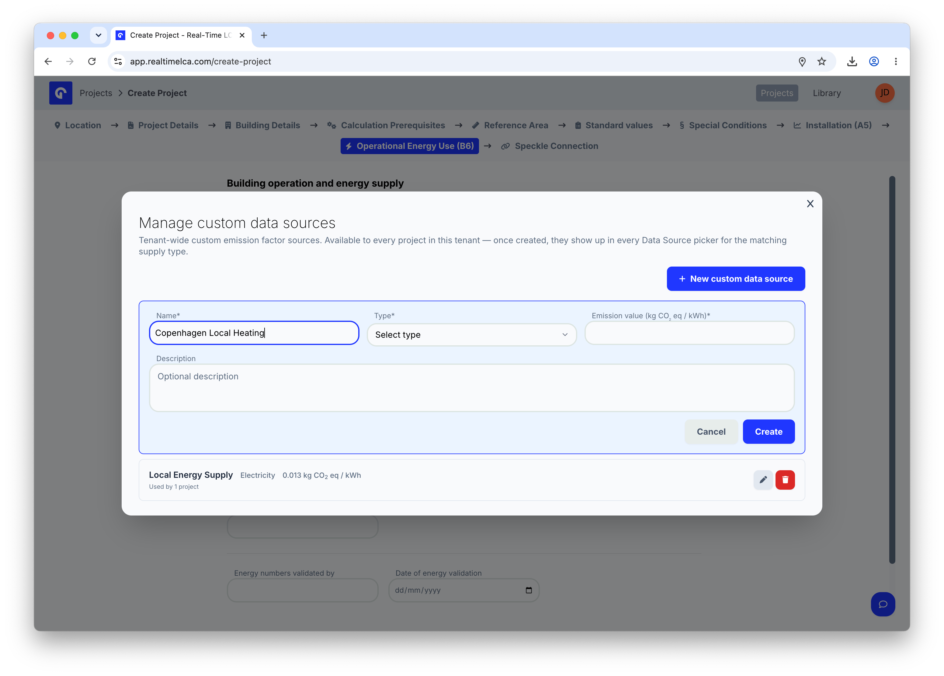 Manage custom data sources modal listing tenant-wide custom emission factors with a New custom data source button.
