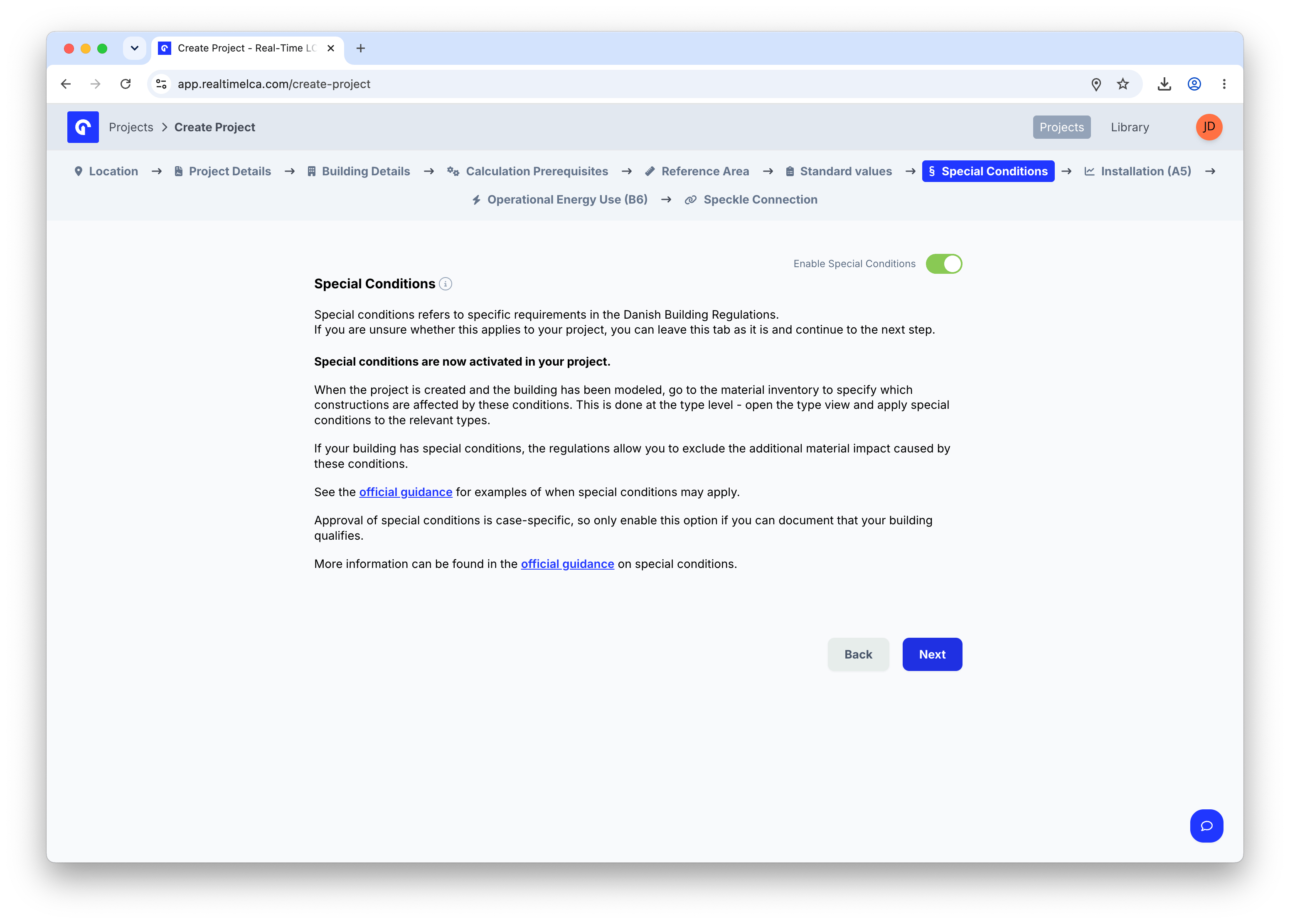 Special Conditions step with explanatory text and an Enable Special Conditions toggle in the top-right.