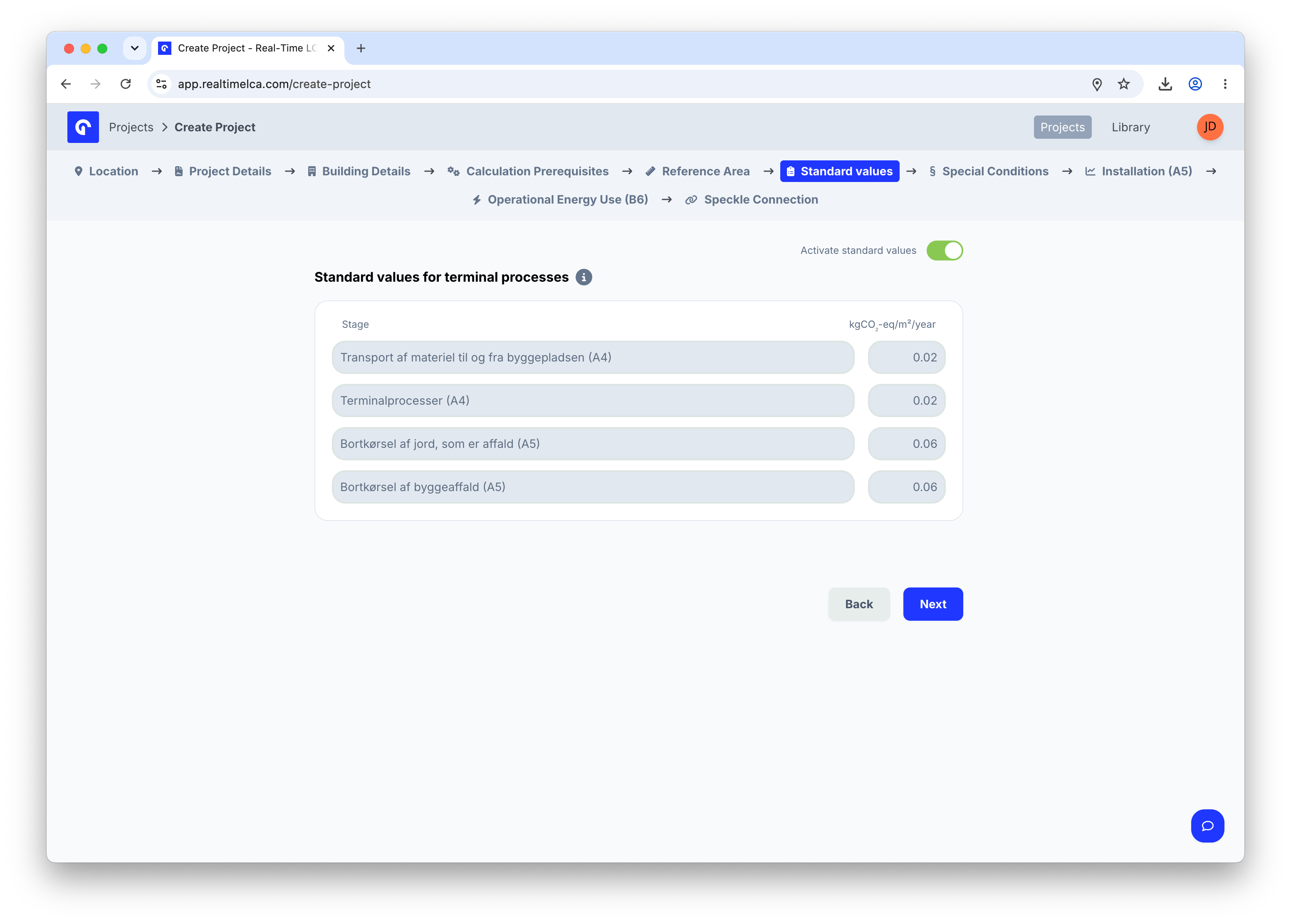 Standard values tab listing pre-populated A4 and A5 emission factors with an Activate standard values toggle.