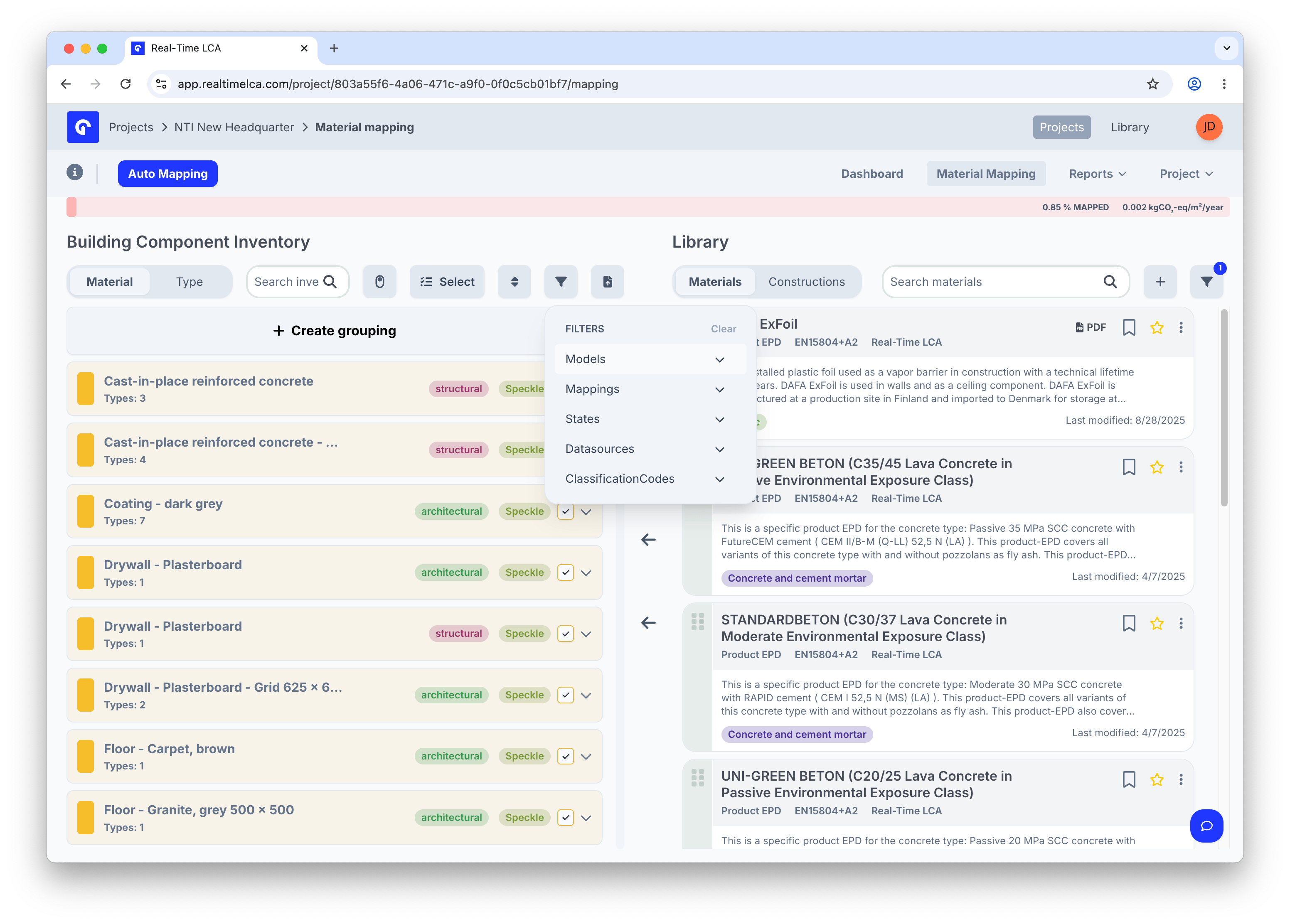 Filters menu listing Models, Mappings, States, DataSources, and ClassificationCodes.