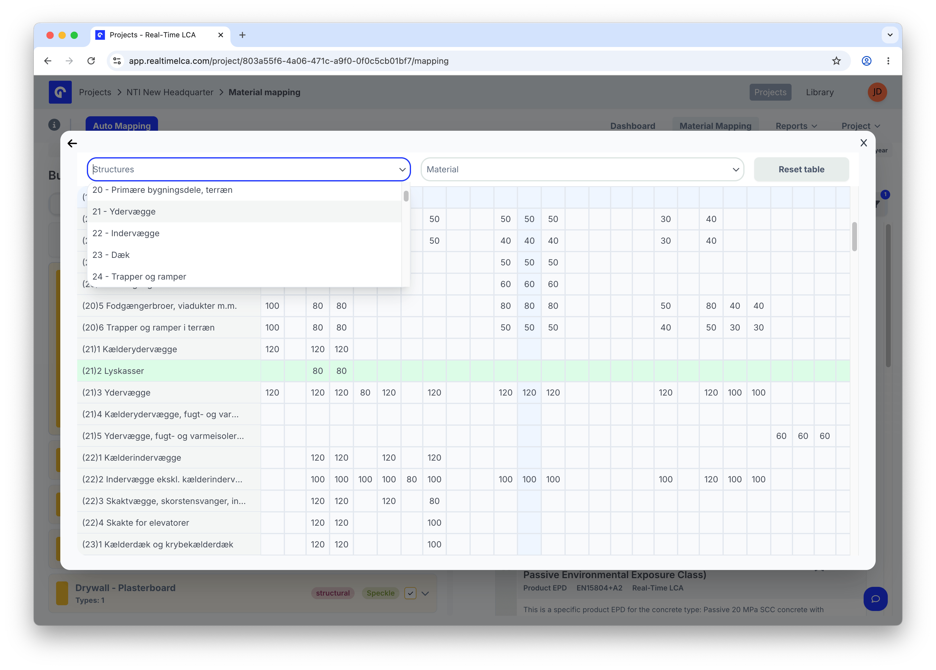 Lifetime table modal showing classification rows and material columns of default lifetimes.