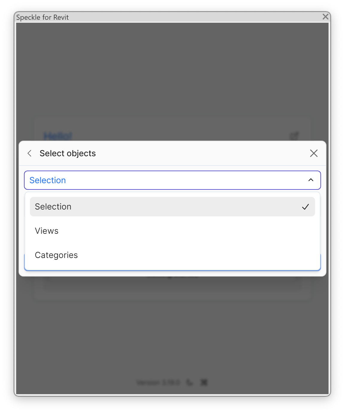 Select objects dropdown with Selection, Views, and Categories options.